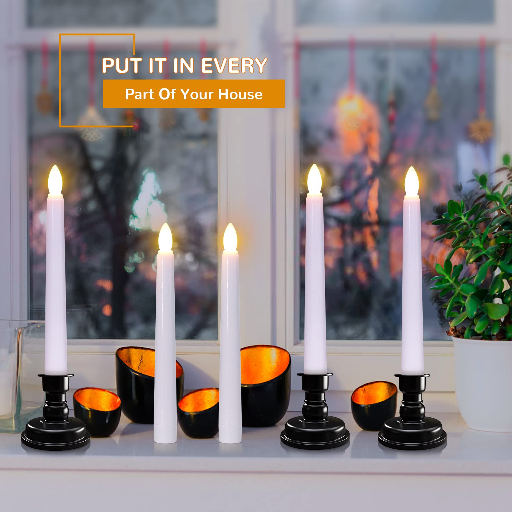 Pchero Led Taper Candles With Remote Timers, 6 Pack Flameless Battery Operated Flickering Window Candles With Candlestick Holder