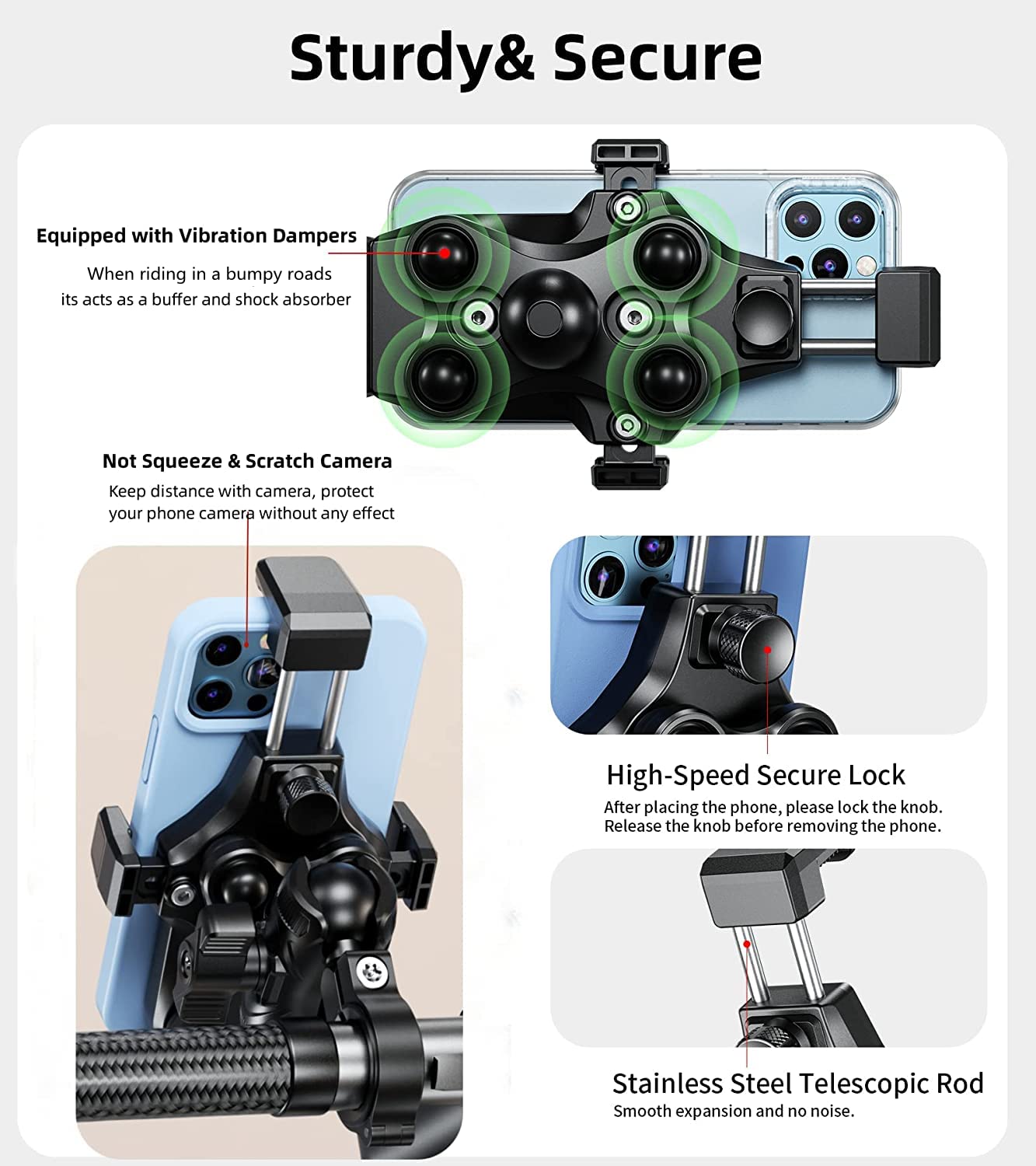 Kewig Motorcycle Phone Mount With Vibration Dampener & High Speed Secure Lock, Newest Anti Theft Phone Cradle Handlebar Cellphon