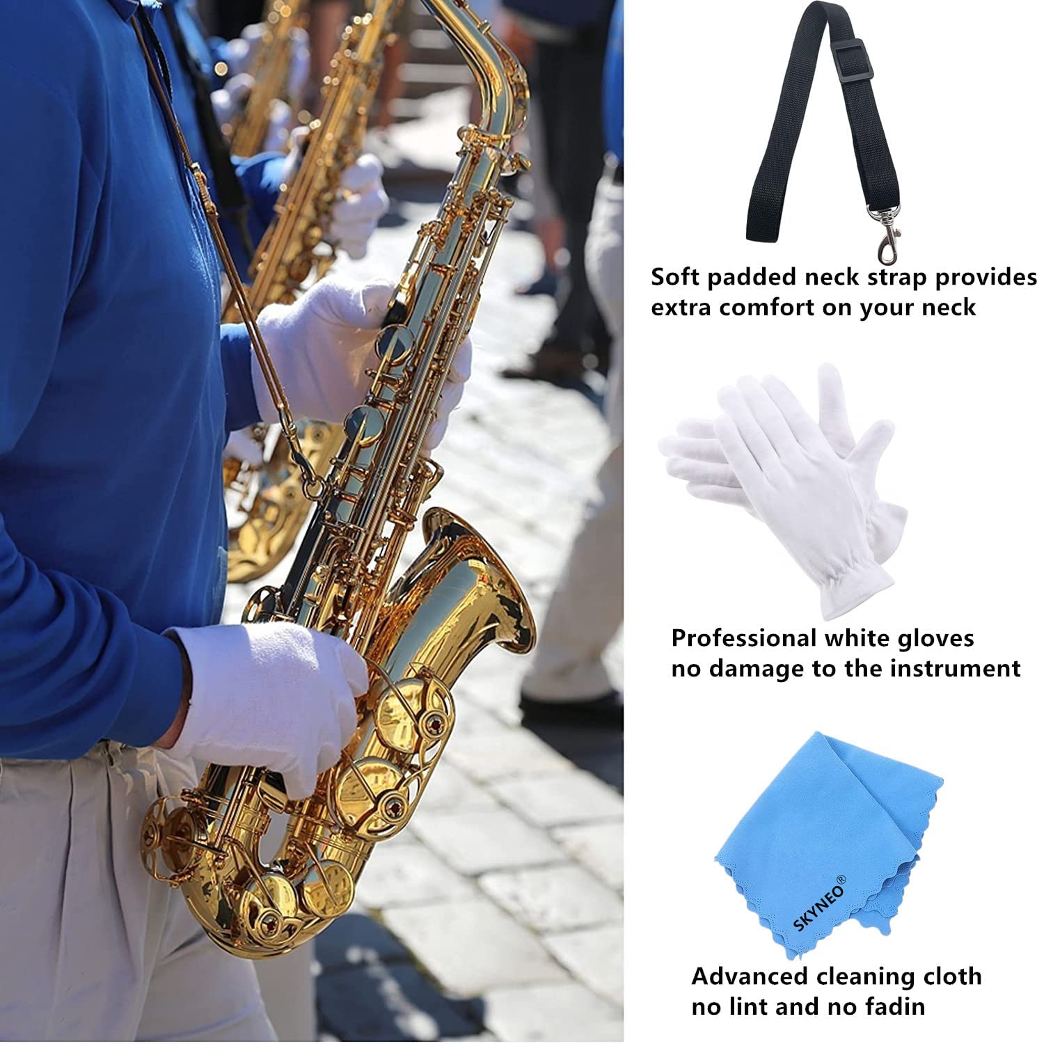 Skyneo Saxophone Cleaning Kit, Clarinet Cleaning Kit With Maintenance Kit,Cork Grease,Swab,Strap,Cleaning Cloth,Thumb Rest,Reed