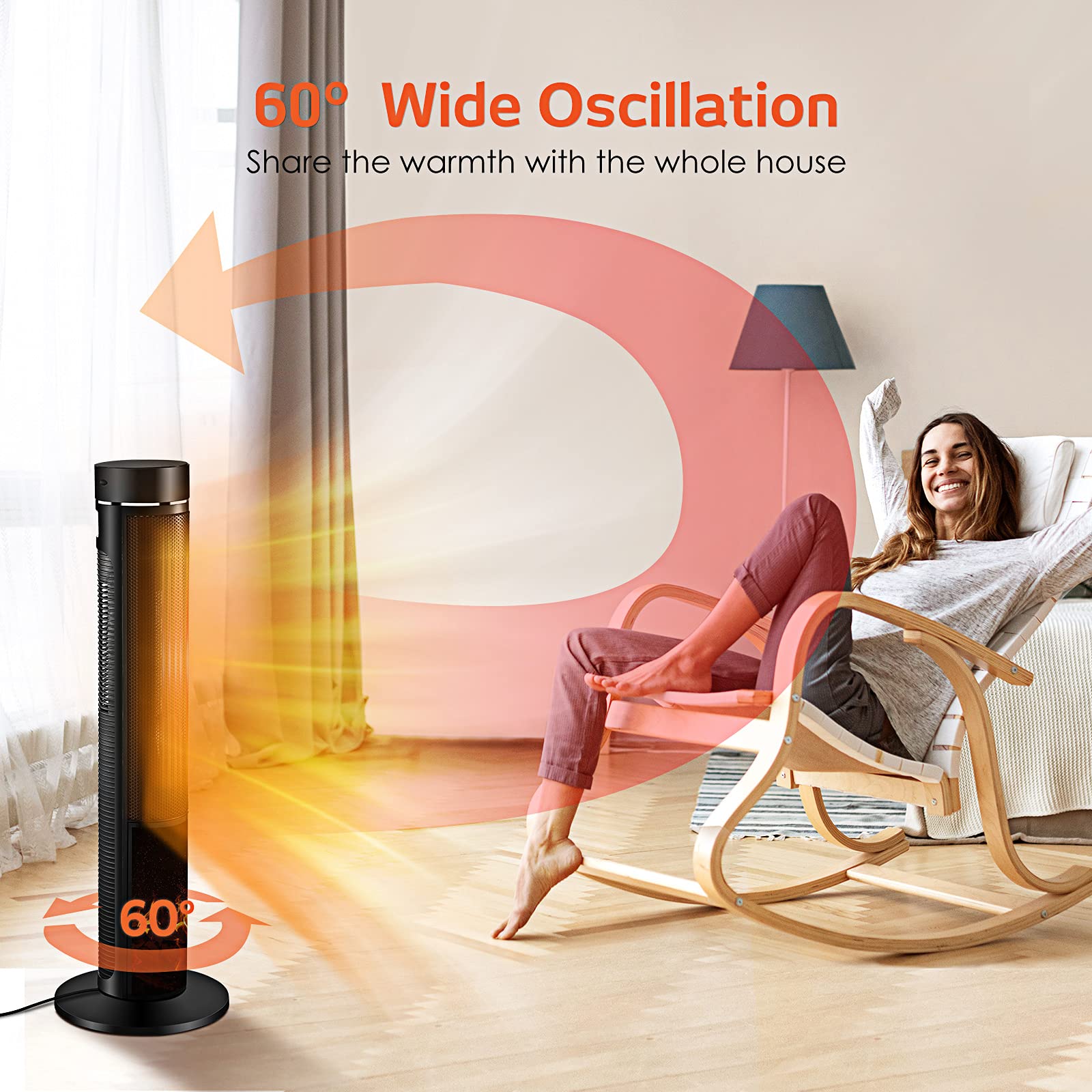 Trustech 36'' Tower Space Heater For Large Room, 1500W Ptc Electric Tower Heater With Adjustable Thermostat, 4 Modes & 3D Flame,