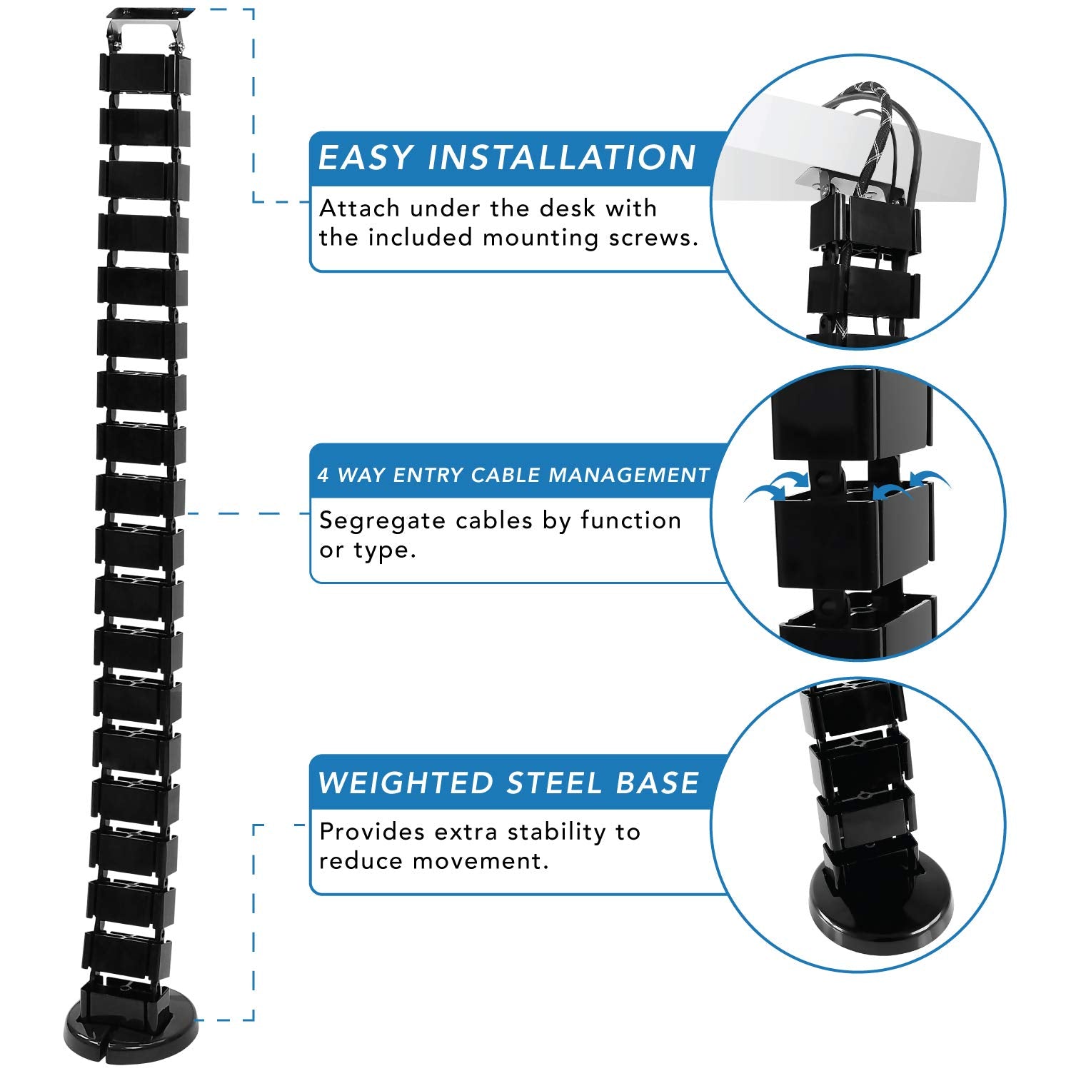 Mount It! Cable Management Spine, Desk Cord Organizer Vertebrae, Keeps Power and AV Cords Safe and Organized, 50 Inch Long Modular Wire Management Tray, Black