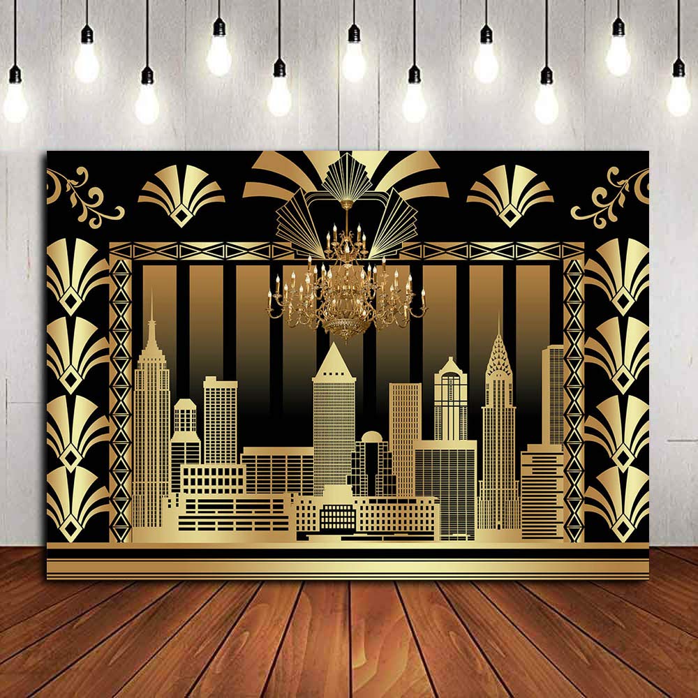 7X5Ft The Great Gatsby Photography Backdrop Roaring 20'S 20S Themed Backdrop Vintage Dance Black Gold Art Event Decoration Birthday Wedding Party Decoration Photo Background Booth Banner Supplies