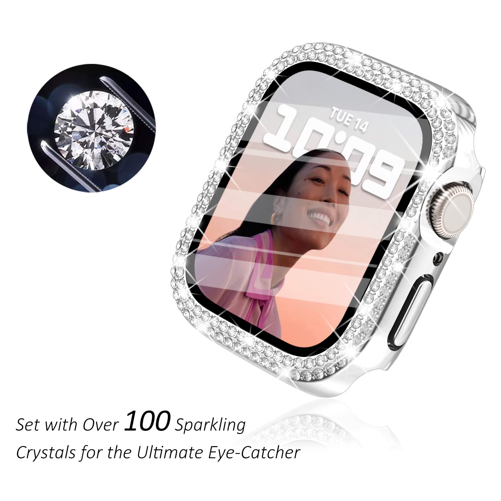Surace Apple Watch 42Mm Series 3/2/1 Case With Tempered Glass Screen Protector, Bling Diamond Overall Protective Case, Silver