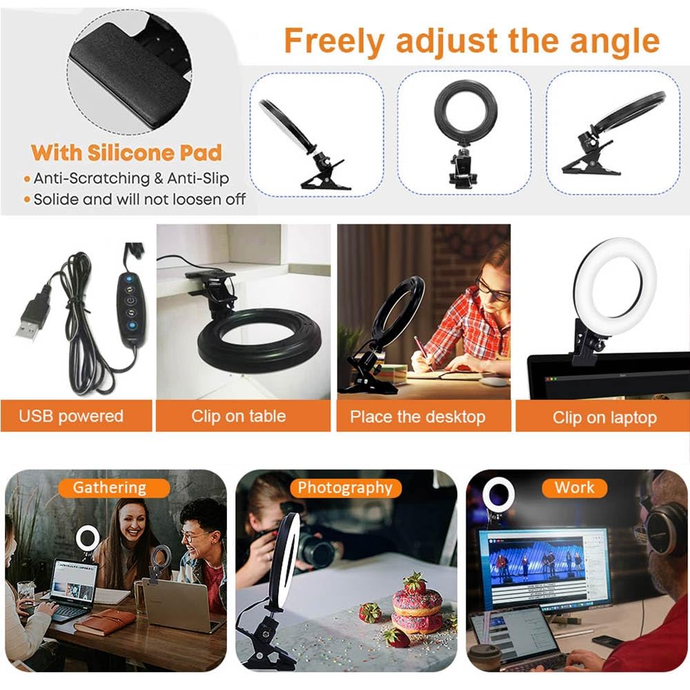 Video Conference Lighting Kit 3200K 6500K Dimmable Led Ring Lights Clip On Laptop Monitor For Remote Working/Zoom Calls/Self Bro