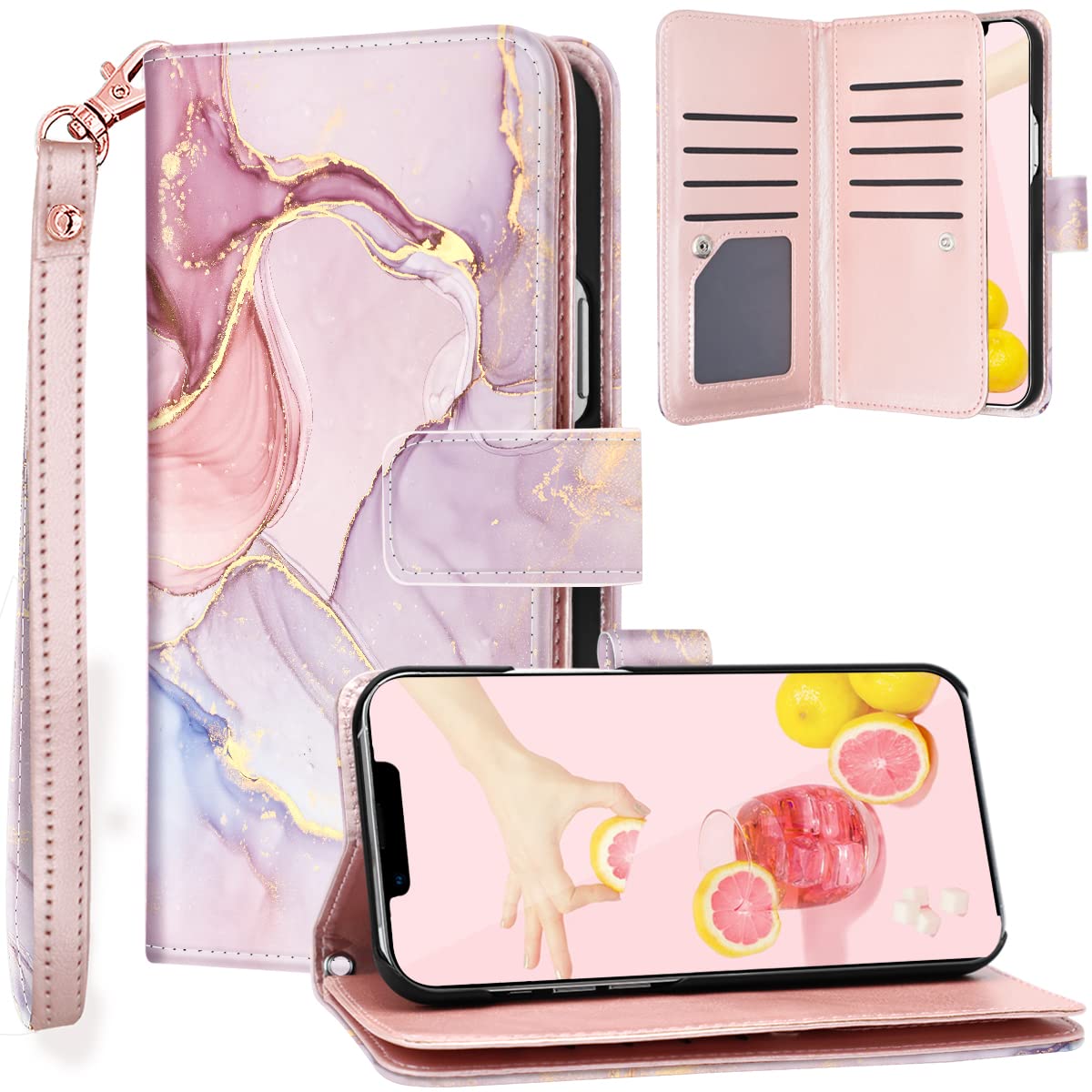 Fingic Compatible With Iphone 13 Pro Max 5G Case Wallet, Rose Gold Marble 9 Card Holder Pu Leather Detachable Wrist Strap Wallet