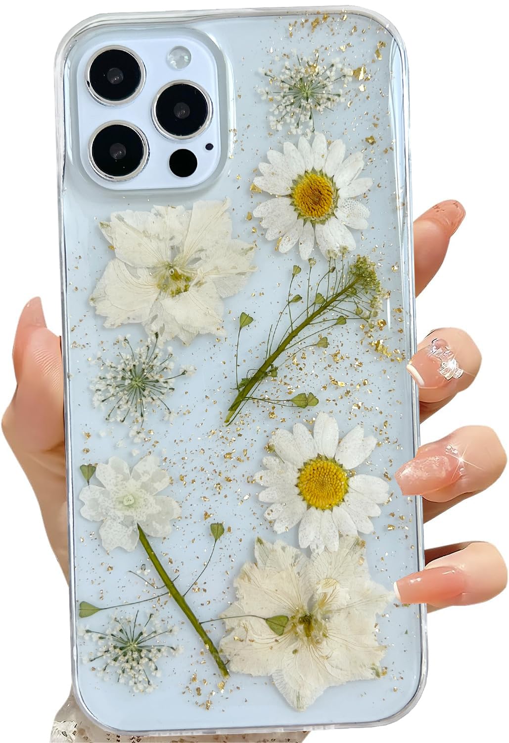 Lseeka For Iphone 12 Pro Max Clear Case With Pressed Real Flowers Design,Glitter Cute White Floral Pattern Slim Soft Tpu Protect