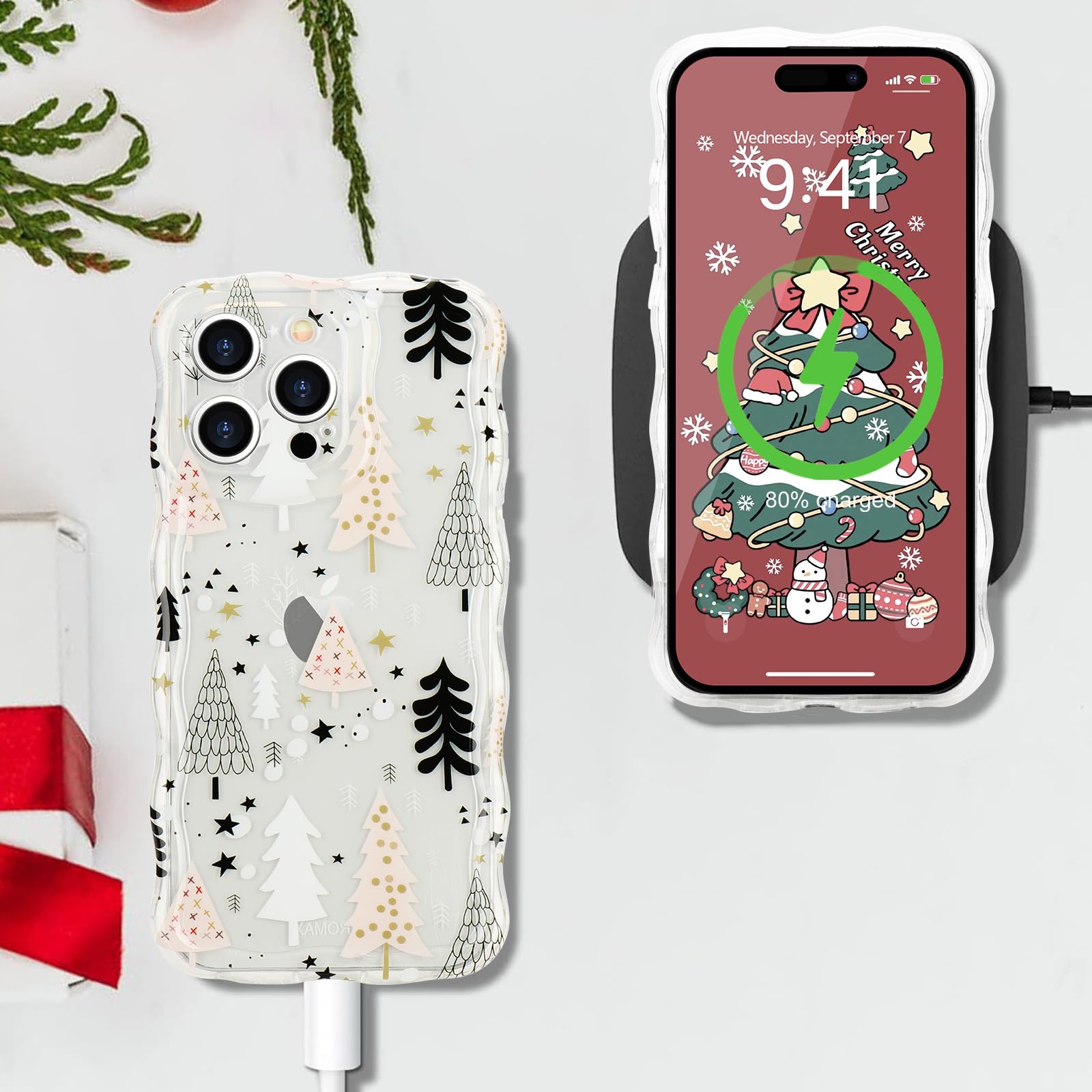 L Fadnut Christmas Phone Case For Iphone 14 Pro Cute Curly Wavy Merry Christmas Pattern Case Clear Santa Snowman Elk Cover For G