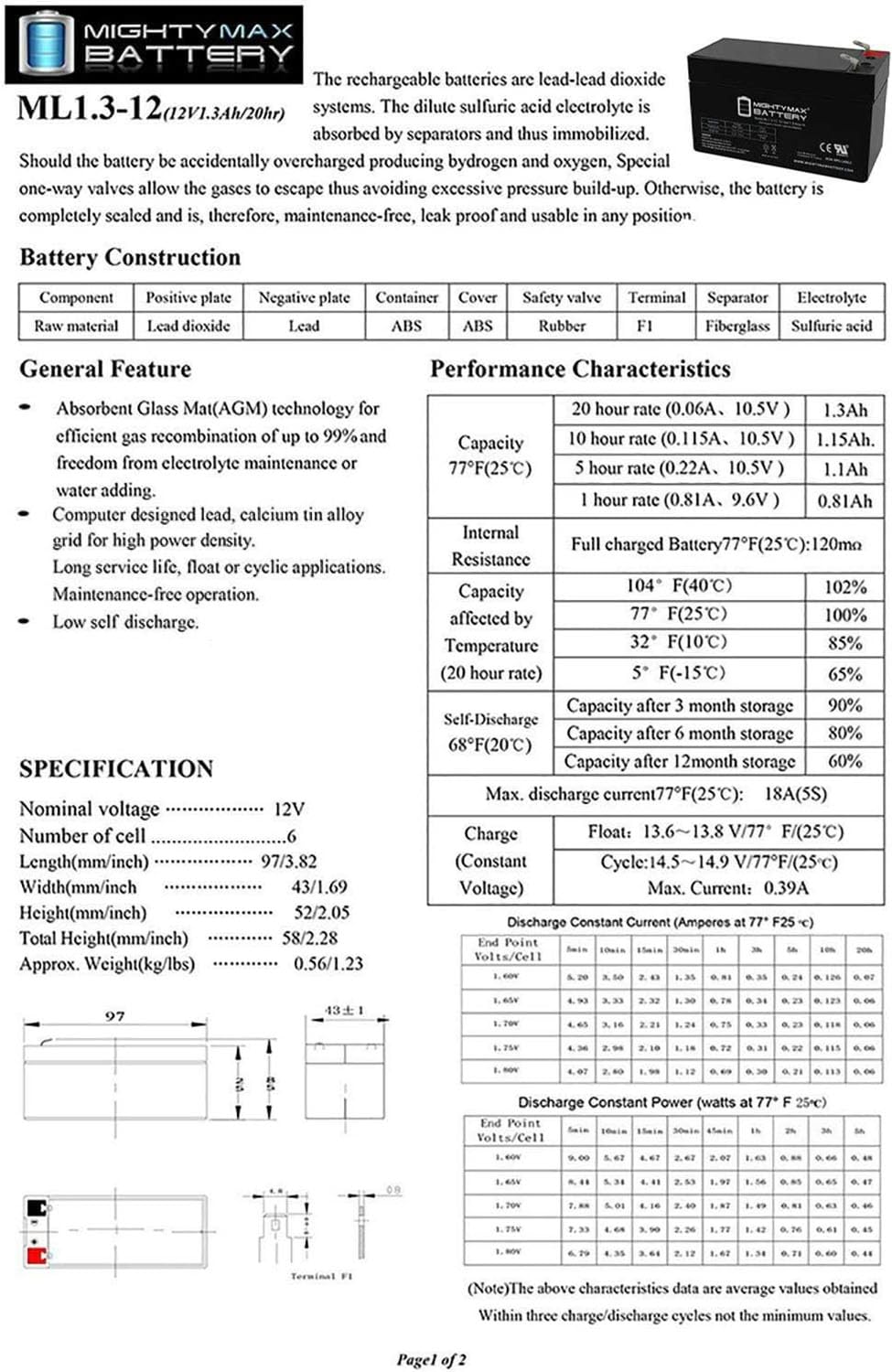 Mighty Max Battery Ml1.3-12 - 12 Volt 1.3 Ah Sla Battery - Pack Of 20