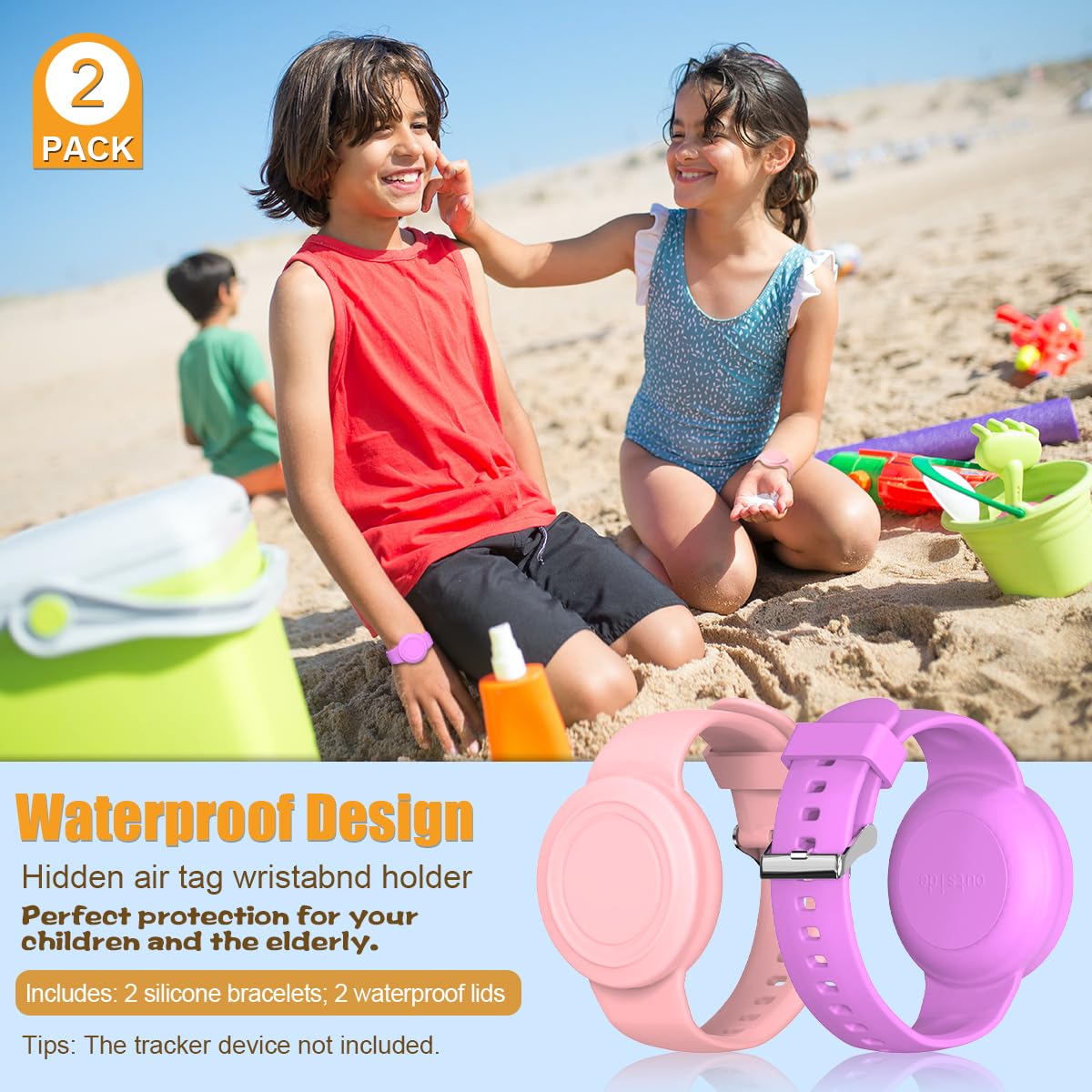 2 Pack Compatible For Airtag Bracelet Kids, Waterproof Air Tag Holder Hidden Full Coverage Design Air Tag Accessories, Soft Silicone Air Tag Case For Toddlers Childs Adults (Pink & Purple)