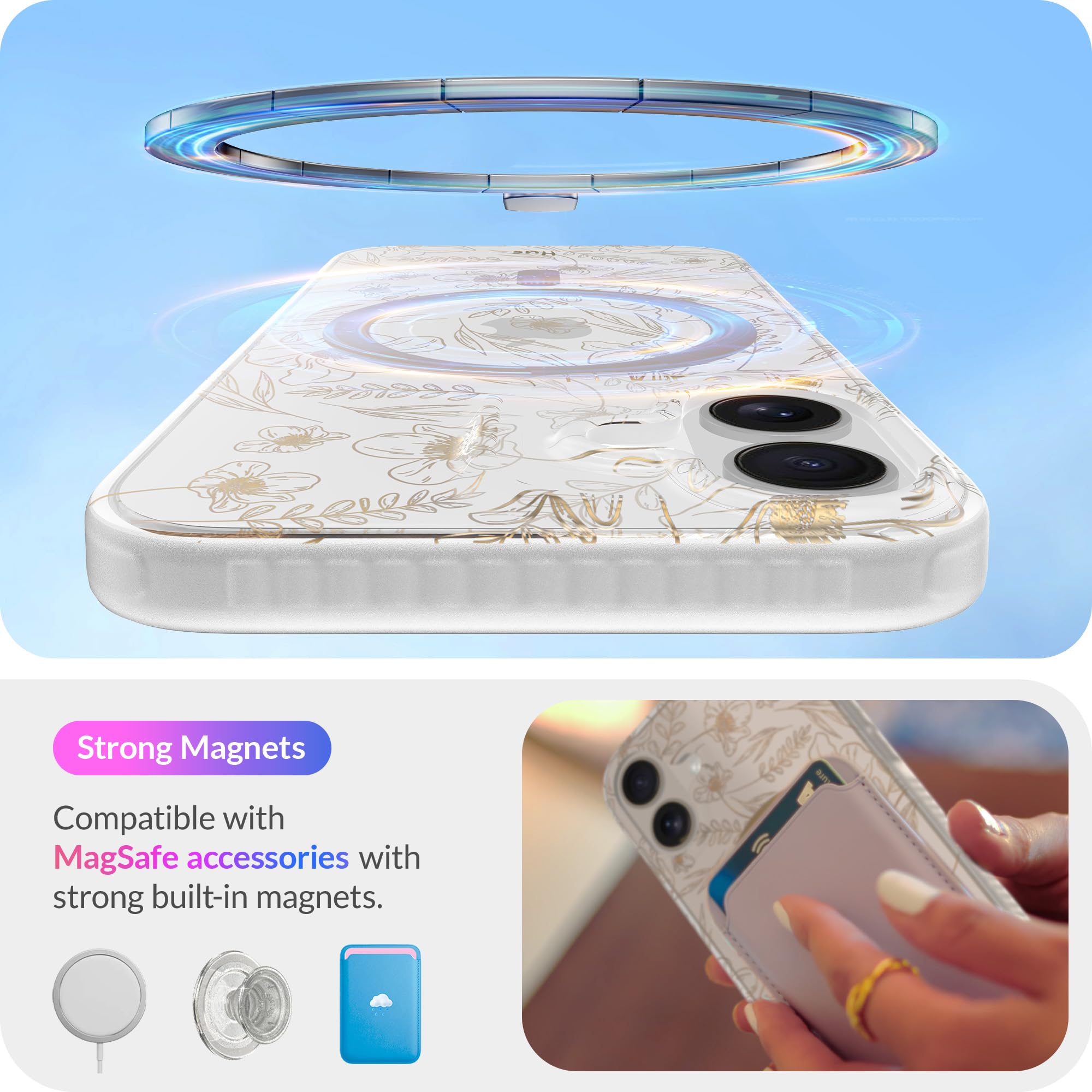 Lonli Hue   For Iphone 16 Plus Case [Compatible With Magsafe]   Gold Floral Phone Case   [360 Shock Absorbent Bumper]   Cute, Un