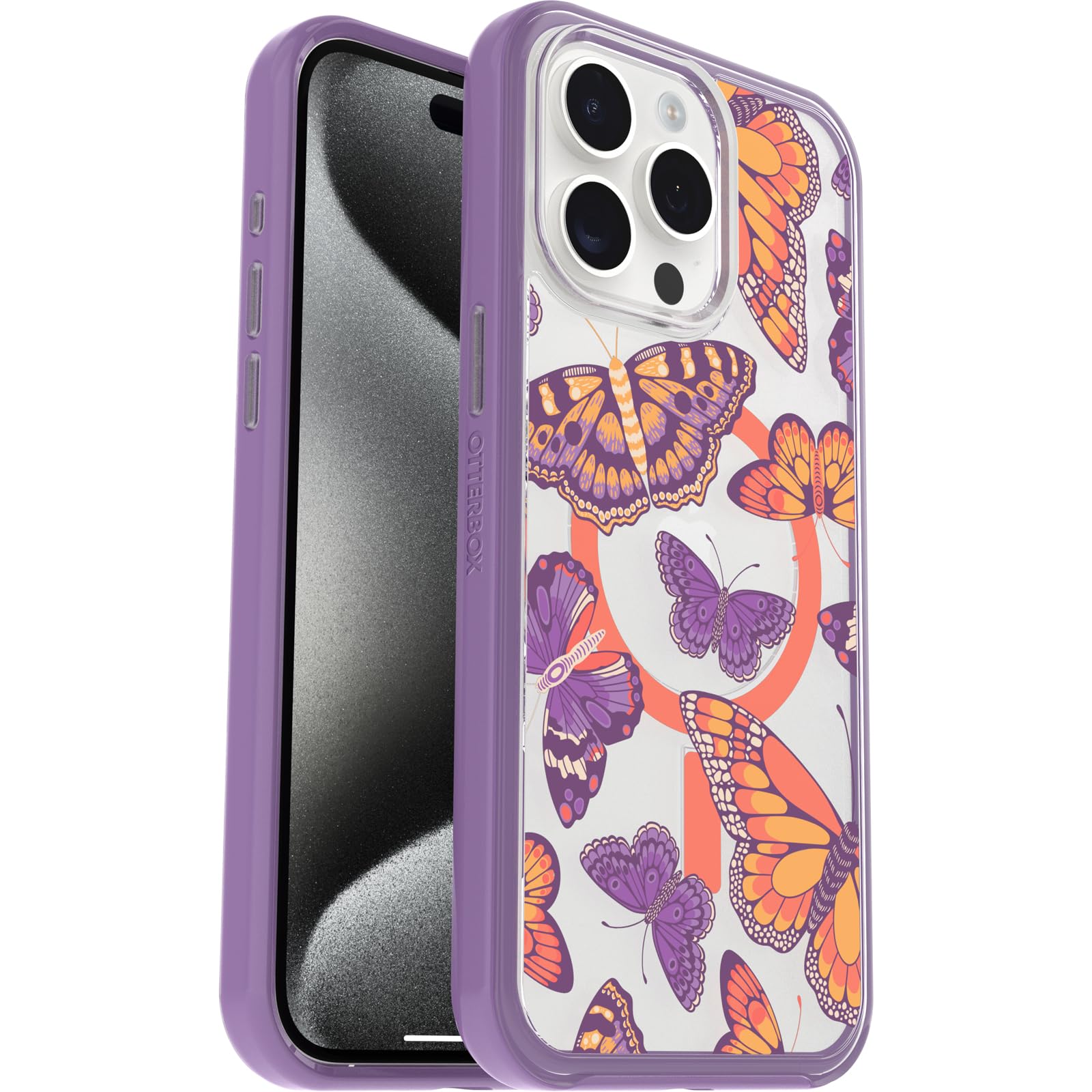 Otterbox Iphone 15 Pro Max (Only) Symmetry Series Clear Case   Butterfly Flutter (Purple), Snaps To Magsafe, Ultra Sleek, Raised