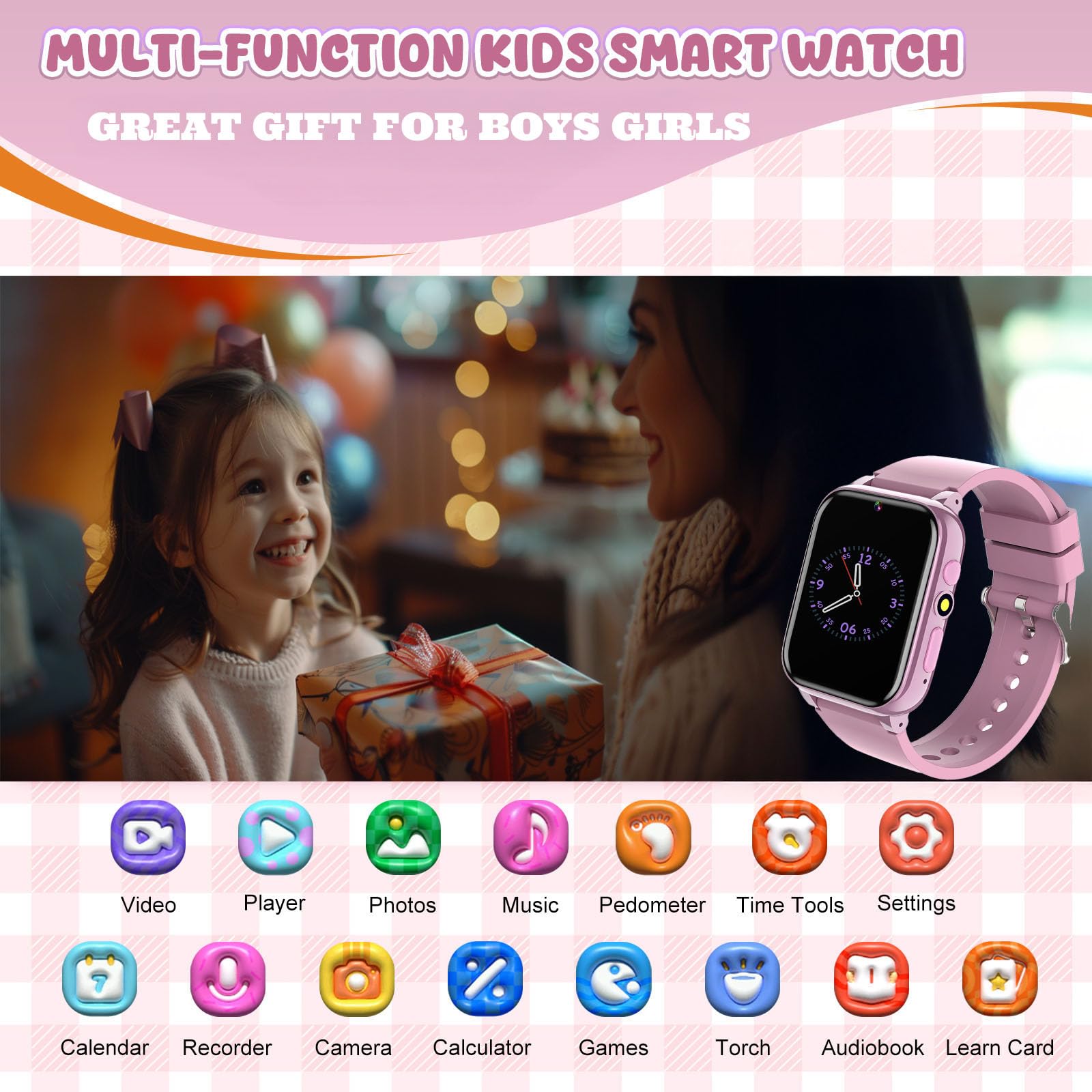 Happinno 1.69 ' ' Kids Smart Watch,Boys Girls Smartwatch, Pedomter 26 Puzzle Games Camera Video Music Player Flashlight Alarm Cl