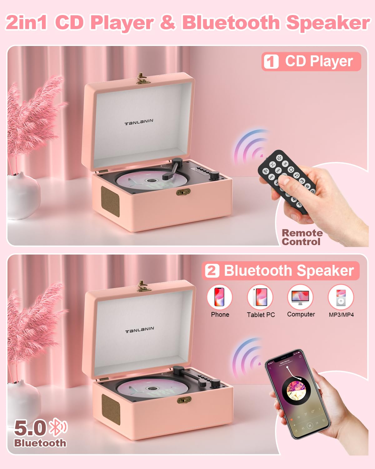 Cd Player Portable For Home With Upgraded Speakers Bluetooth In/Out Rechargeable Desktop Cd Player With Led Screen Boombox Music