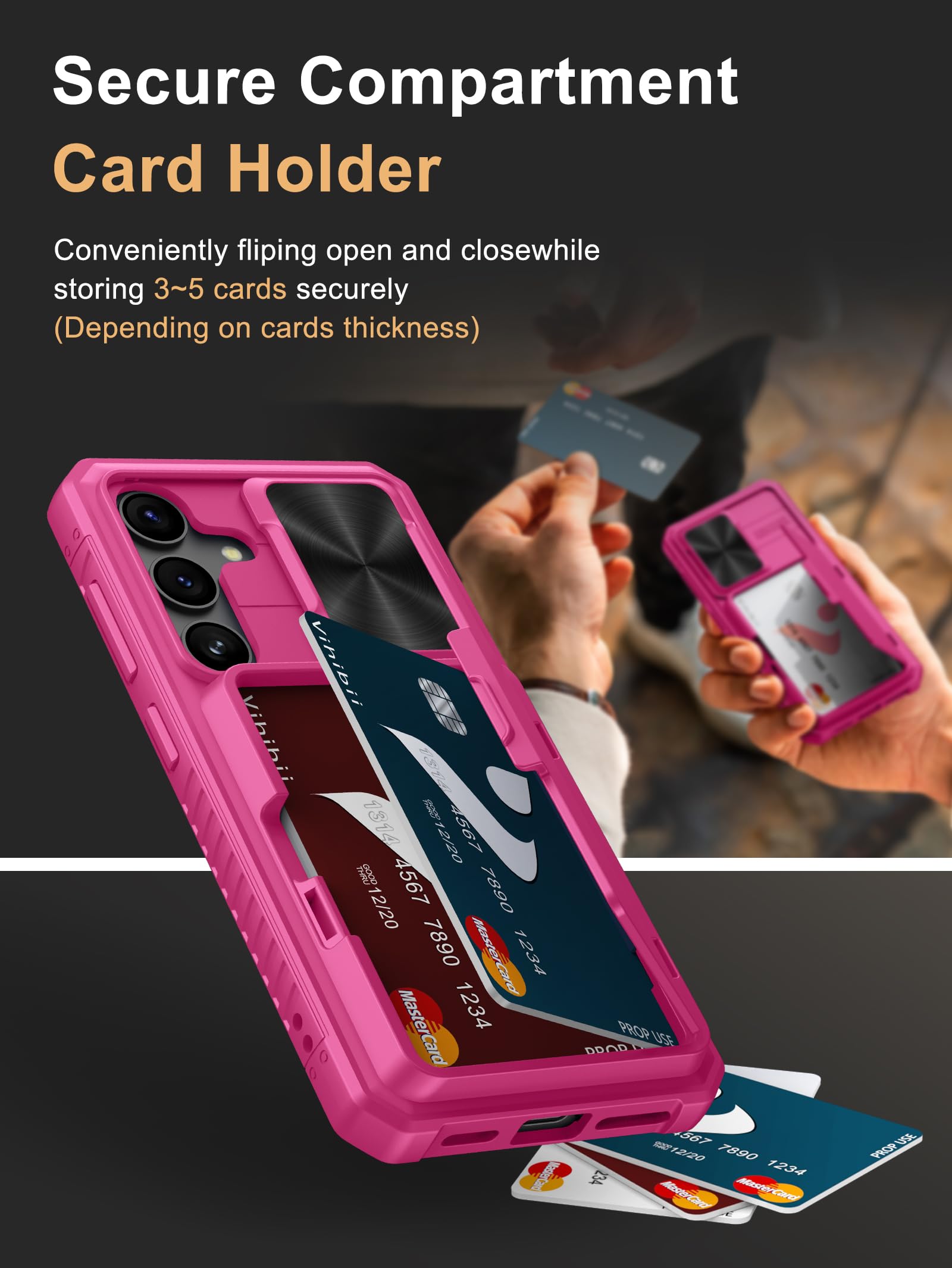 Vihibii For Samsung Galaxy S24 Case With Card Holder (4 Cards) & Slide Camera Cover & Kickstand, Shockproof Rugged Hard Back & T