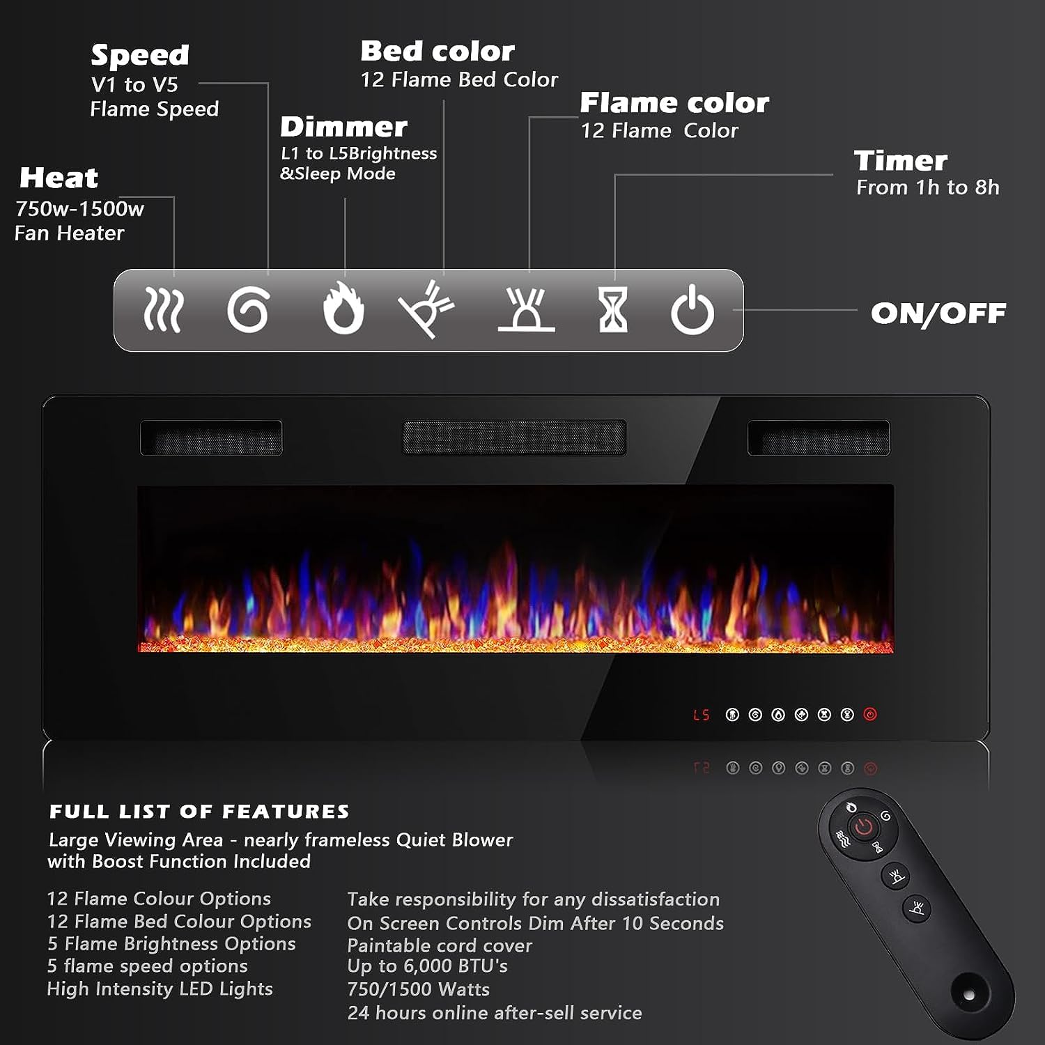 Bossin 60 Inch Ultra Thin Silence Linear Electric Fireplace, Recessed Wall Mounted Fireplace, Fit For 2 X 4 And 2 X 6 Stud, 12 A