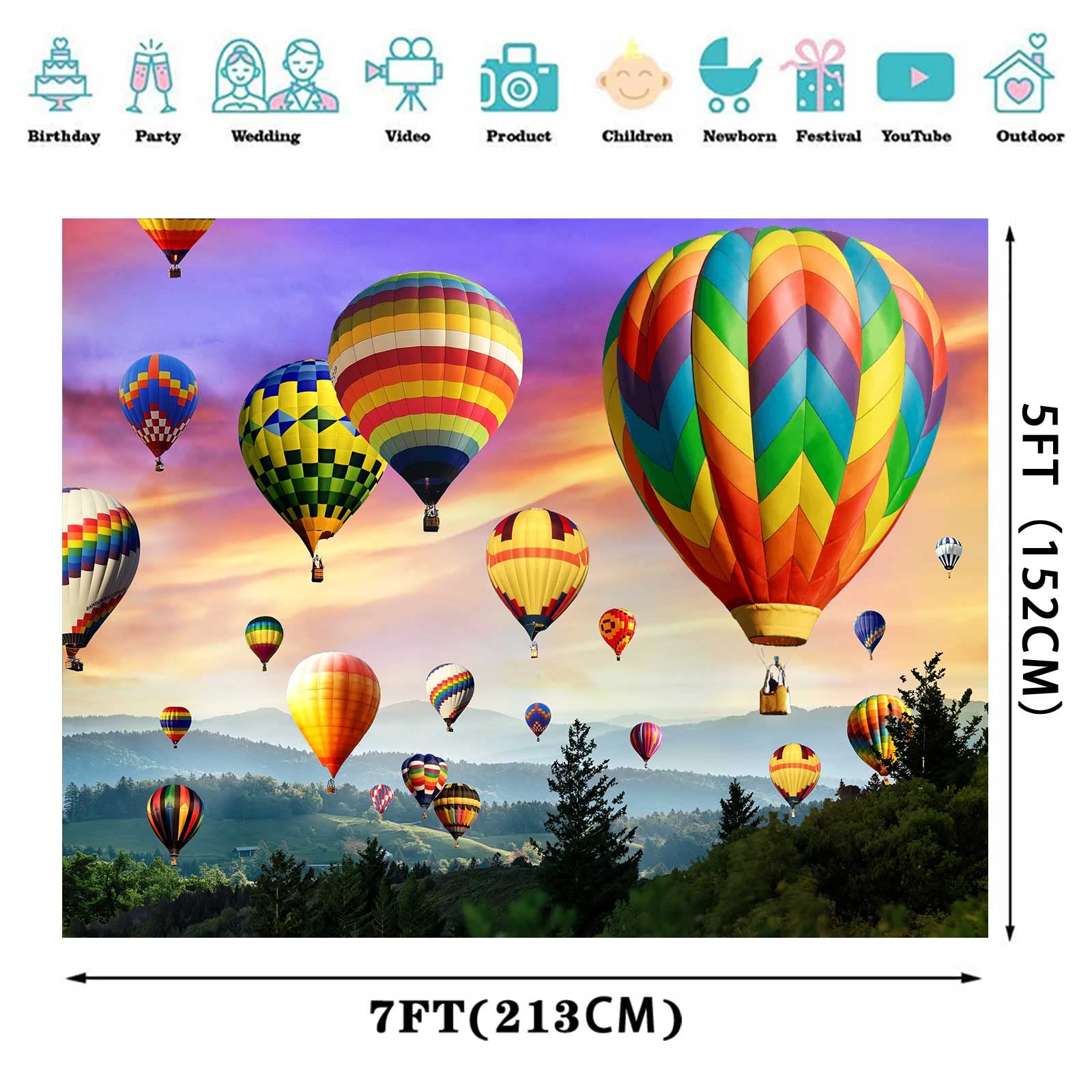 Emdspr Hot Air Balloon Backdrop, 7X5Ft Vinyl, Colorful Rainbow Sky Romantic Mountains Photography Background Travel Party Decor