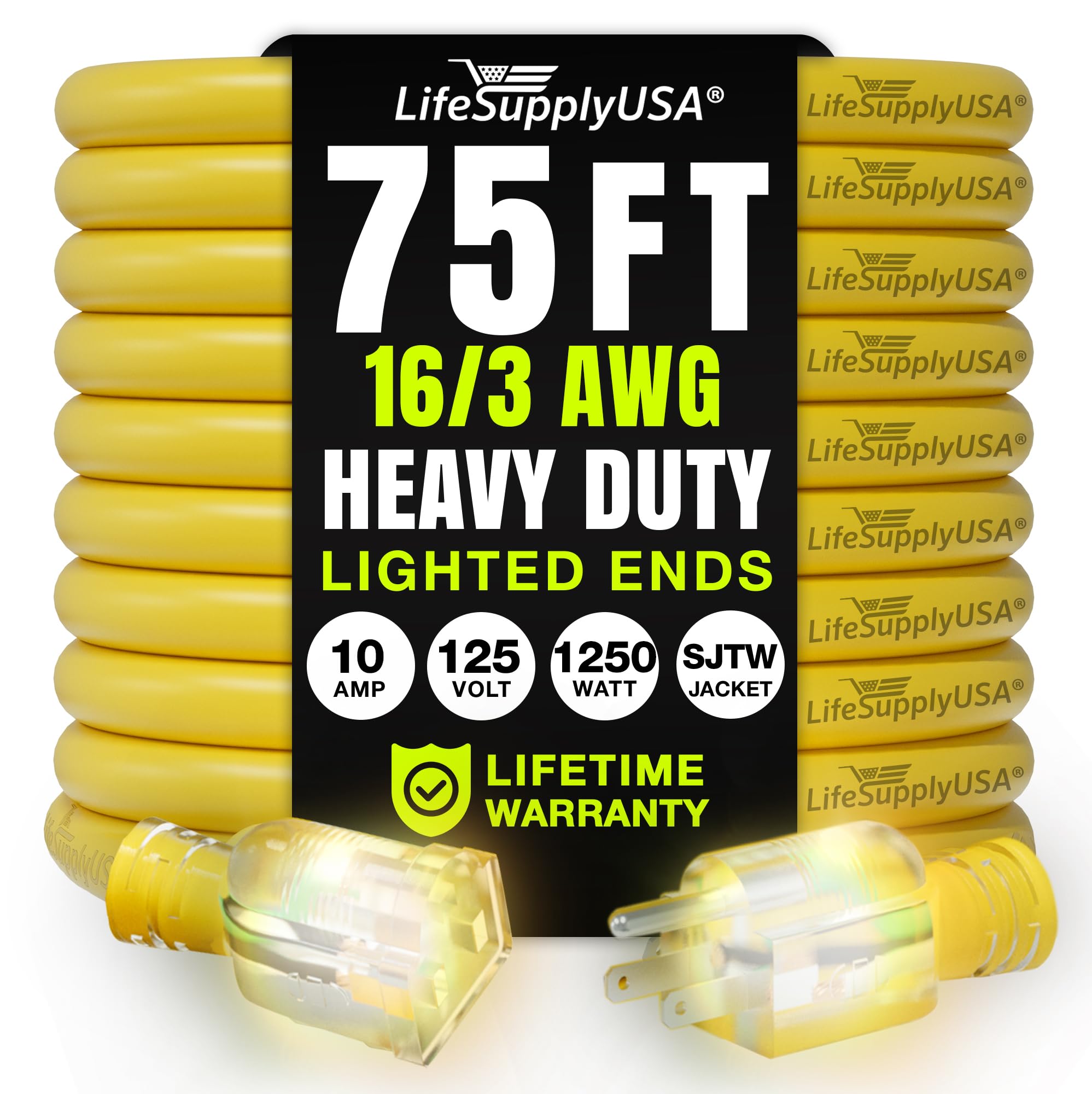 Lifesupplyusa 75Ft Outdoor/Indoor Extension Cord 16/3 Gauge Heavy Duty 3 Prong Sjtw, Waterproof, Flexible Cold Resistant Long Po