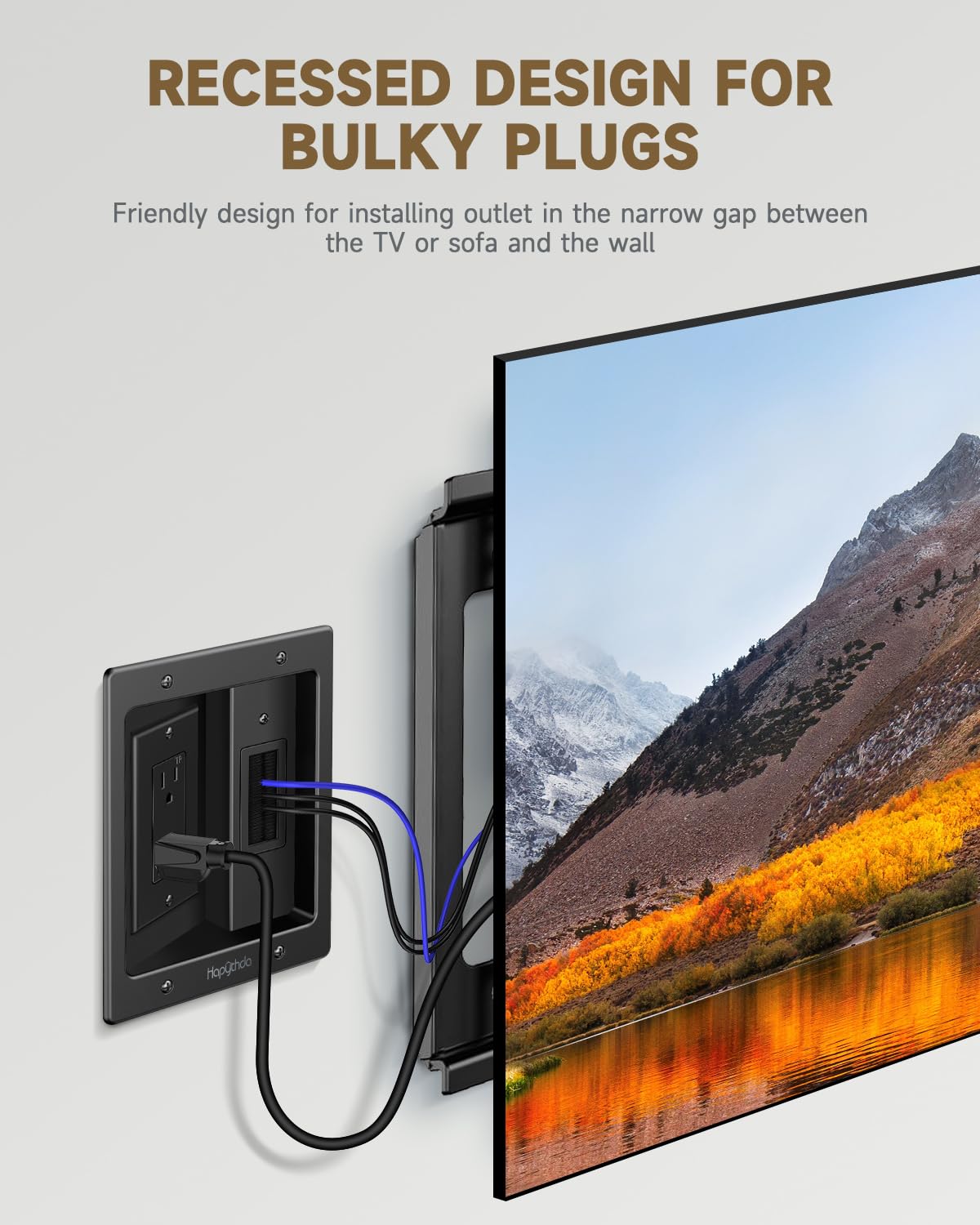 HAPYTHDA In Wall Cable Management Kit Recessed Outlet for TV Power Brush Plate Plastic Black