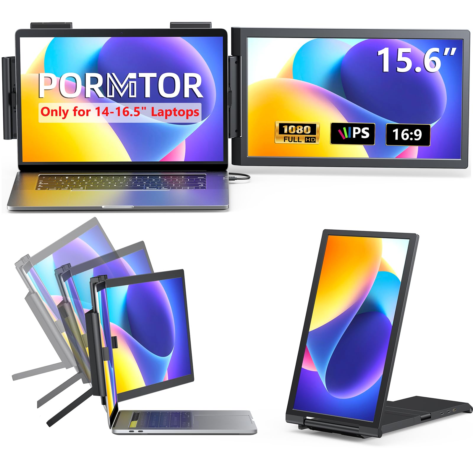 Pornitor Laptop Screen Extender, 15.6 FHD IPS 1080P Portable Monitor for Laptop Mini HDMI/Type-C Screen Extender Fits 14-16.5 La