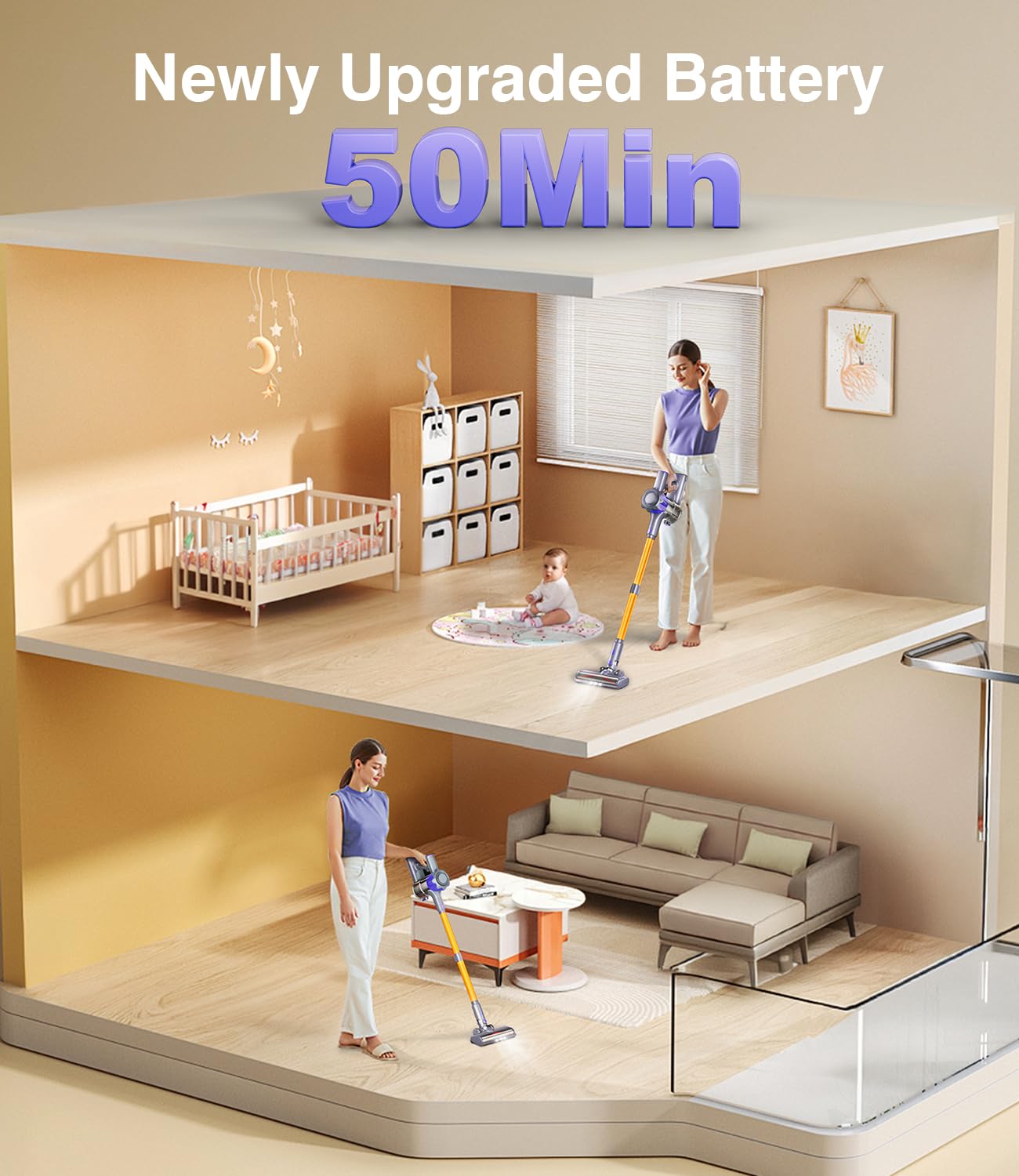 MBYULO Cordless Vacuum Cleaner, 450W 40Kpa, 50Mins Battery, Lightweight Handheld for Hardwood Floors & Carpets, Pet Hair, Gold