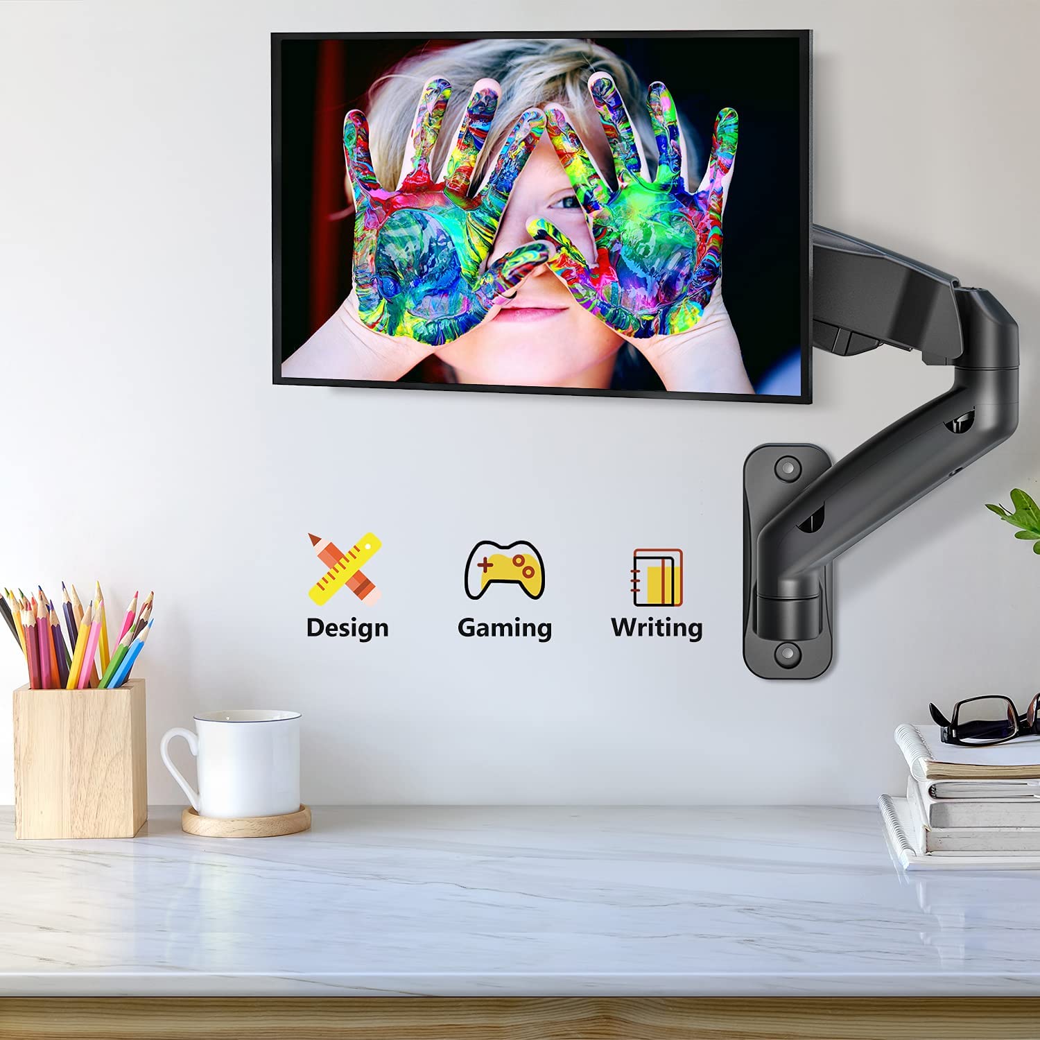 WALI Single Monitor Wall Mount, Gas Spring Monitor Arm for 1 Screen up to 32 inch, 19.8 lbs. Fully Adjustable Arm Max Extension 21.2 inch (GSWM001), Black