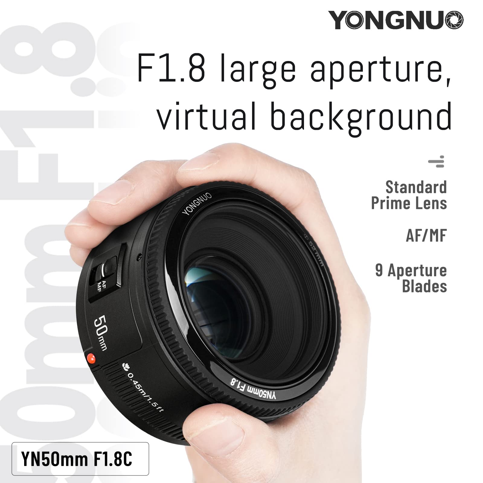 Yongnuo Yn50Mm F1.8C Lens, Large Aperture Auto Focus Lens, 50Mm F1.8 For Canon Ef Mount Eos Cameras Black