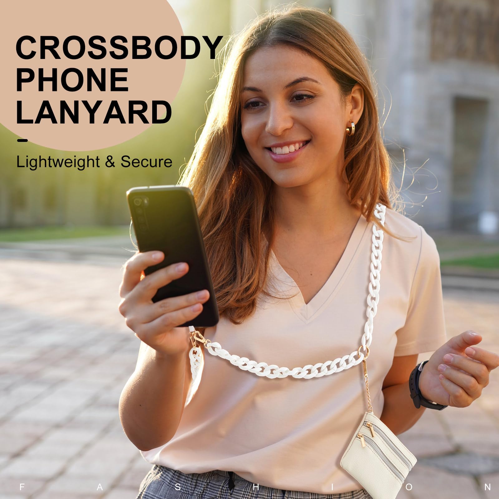 Bememo Clip And Go Strap For Phone With Wallet, Adjustable Crossbody Universal Phone Chains With Zippered Pouch For Women(White)