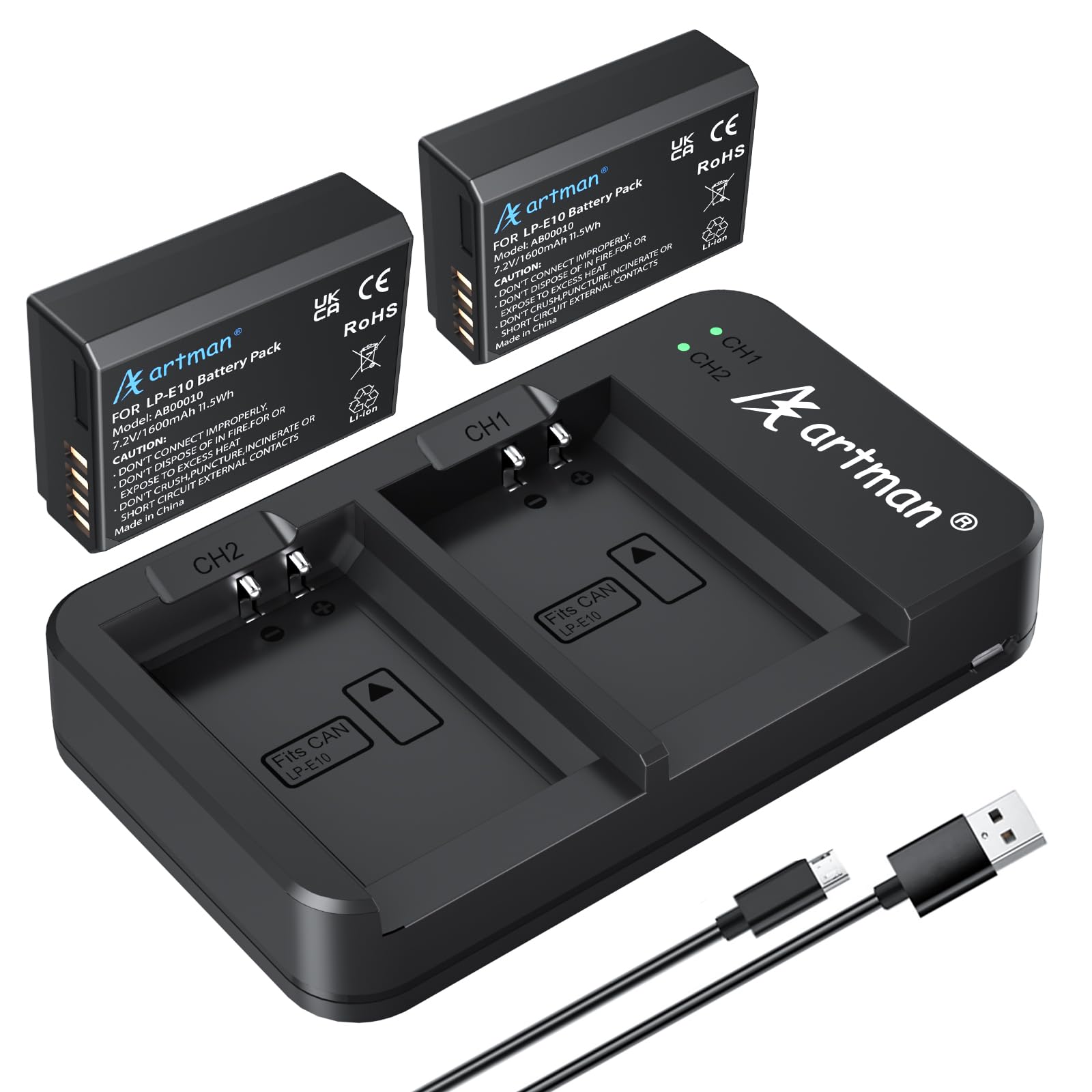 Artman Lp E10 Battery 2 Pack 1600Mah And Rapid Dual Usb Charger For Canon Lp E10, Eos Rebel T7 T6 T5 T3 T100, Kiss X50 X70 X80 X90, Eos 1100D 1200D 1300D 1500D 2000D 3000D 4000D Digital Cameras