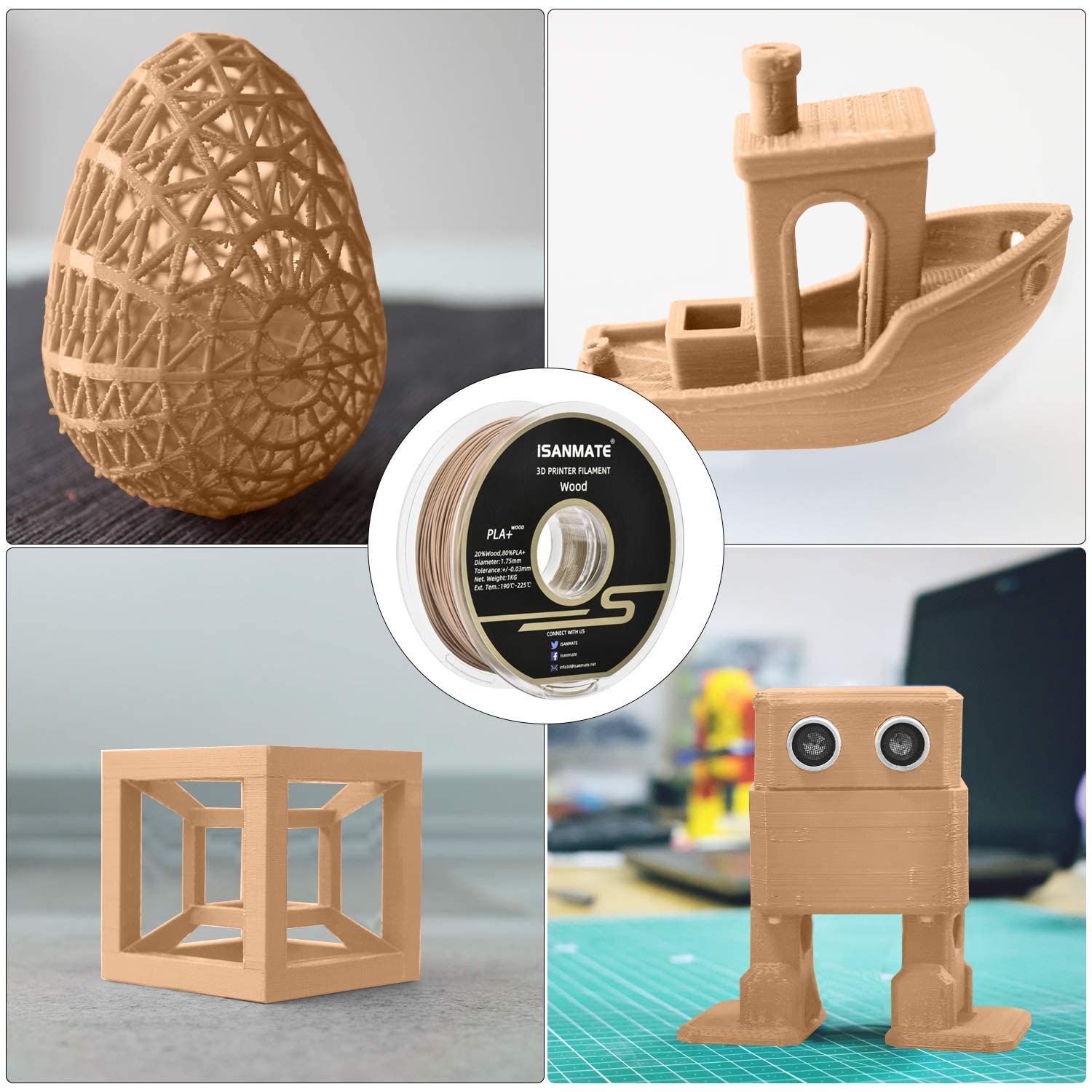 Isanmate Wood Filament 1.75Mm, Pla+ Wood Filament 1.75Mm, 3D Printer Filament 1Kg/Spool (Update 20% Real Wood Fiber)