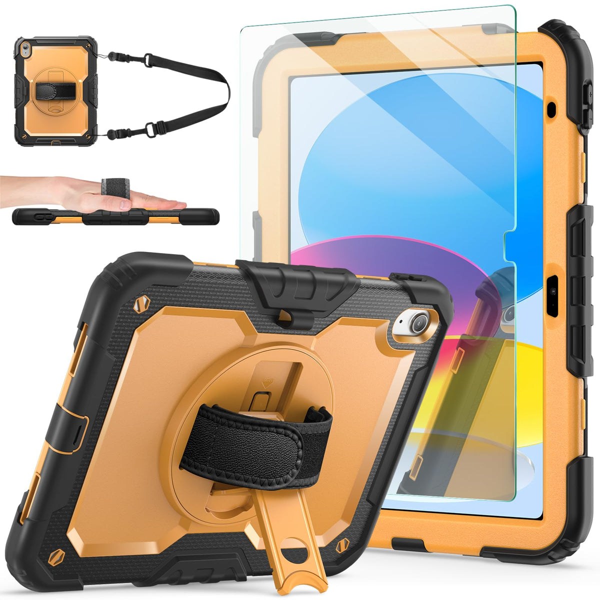 Ambison Case For Ipad (A16) 11Th Generation 2025 11-Inch/10Th Generation 2022 10.9'', Heavy Duty Shockproof Protective Case With 9H Tempered Glass Screen Protector,360° Rotate Hand Strap&Stand-Yellow