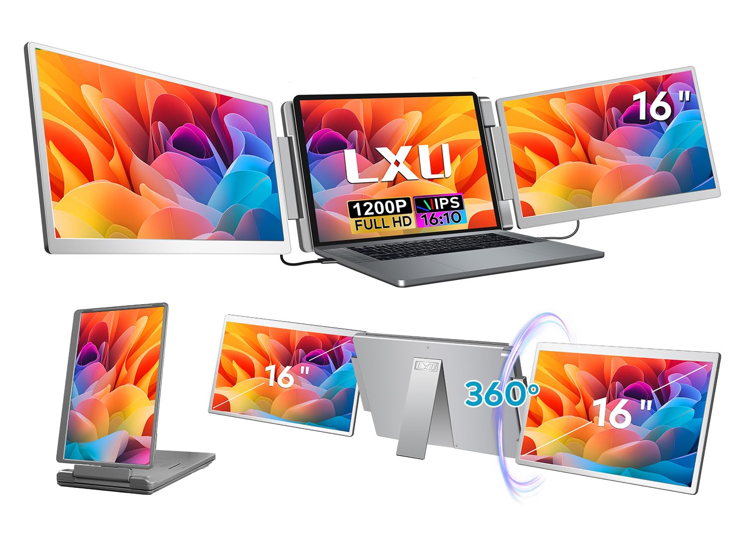 LXU 16-inch Portable Monitor for Laptop | 2025 New Upgraded 1200P 16:10 FHD Screen Extender | Plug-Play Laptop Extended Monitor 