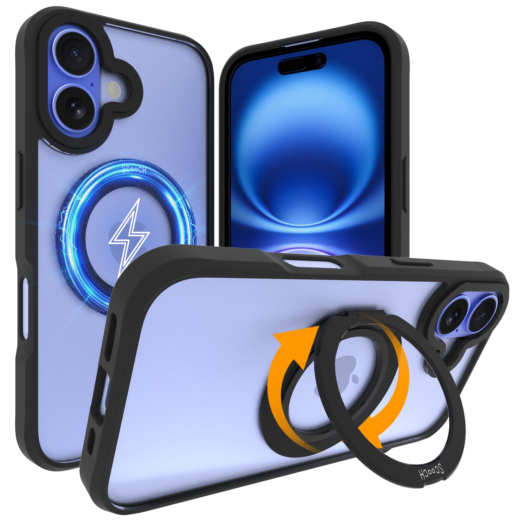 Scooch for iPhone 16 Case with Stand, Magnetic 360 Rotation Ring Kickstand, HaloCase Compatible with MagSafe, Kickstand, Grip, 1