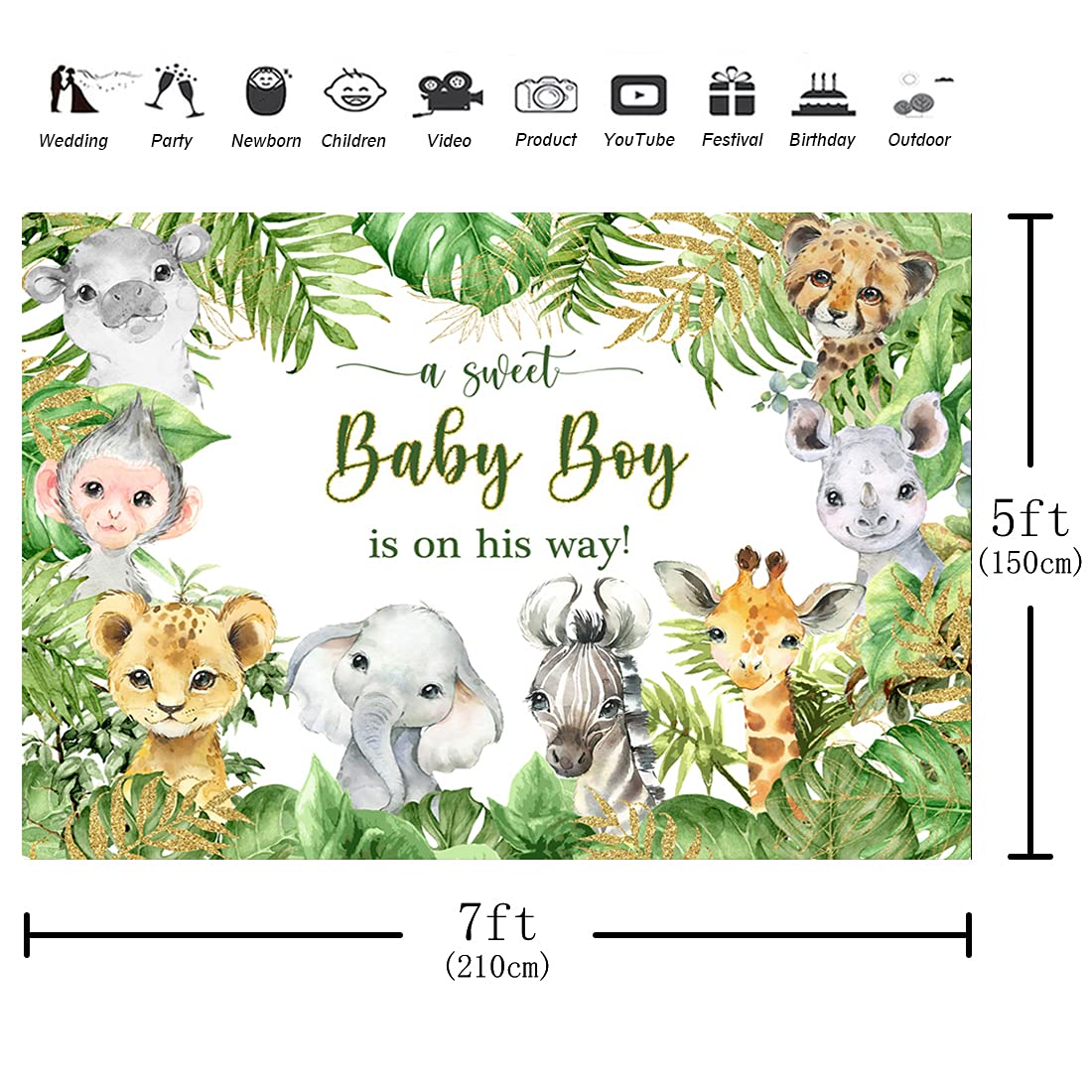 Aperturee 7X5Ft Jungle Safari Animals Baby Shower Backdrop Baby Boy Is On His Way It'S A Boy Photography Background Green Leaves Photo Booth Studio Cake Table Banner Party Decorations Props Supplies