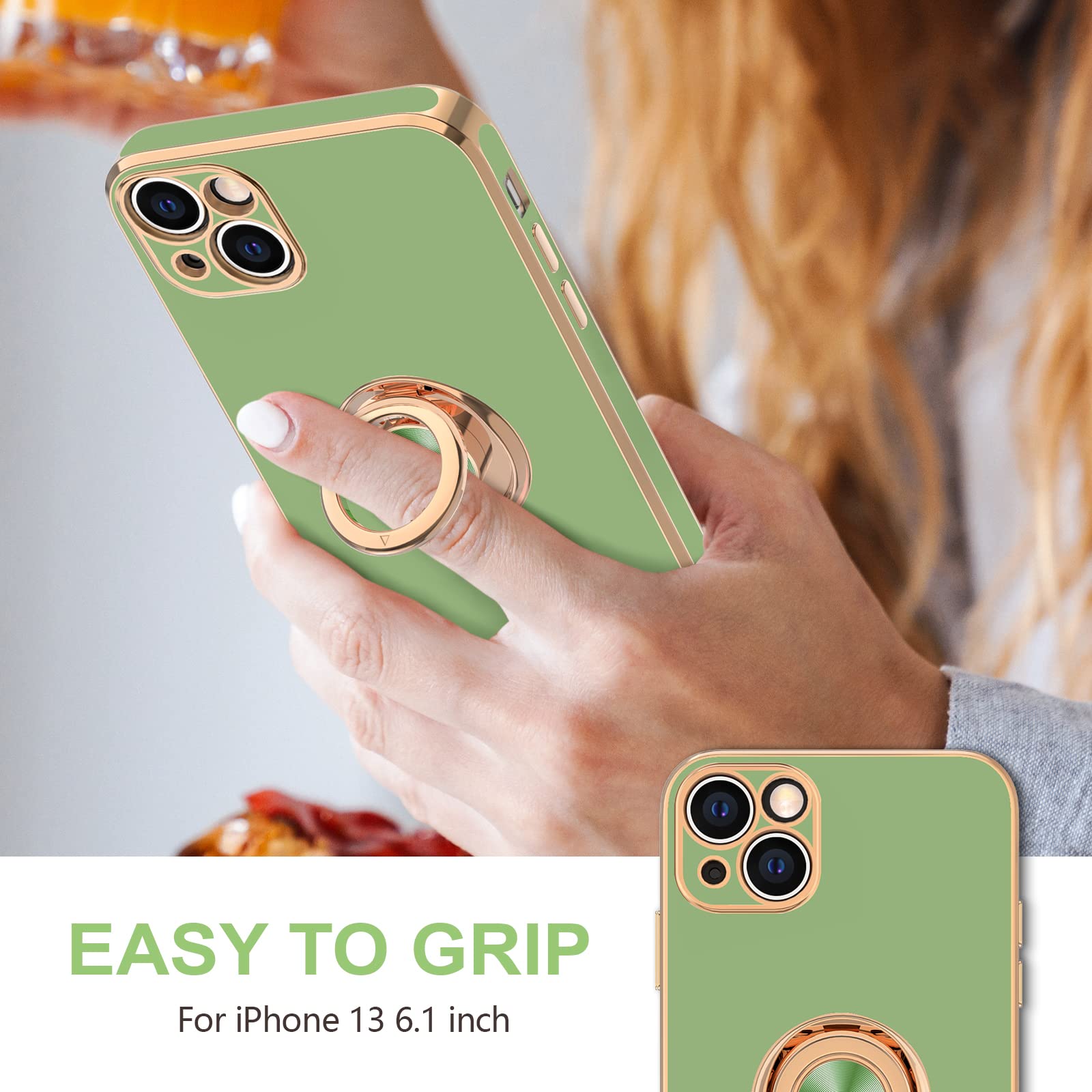 Hython iPhone 13 Phone Case with 360° Ring Stand Magnetic Kickstand Plated Rose Gold Edge TPU Light Green