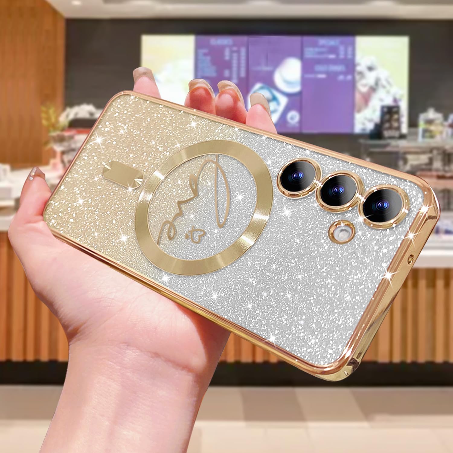 Zonrw For Samsung Galaxy S24 Case Magnetic,For Women Girl Soft Cute Luxury Love Heart Plating Bling Glitter Gradient Clear Phone