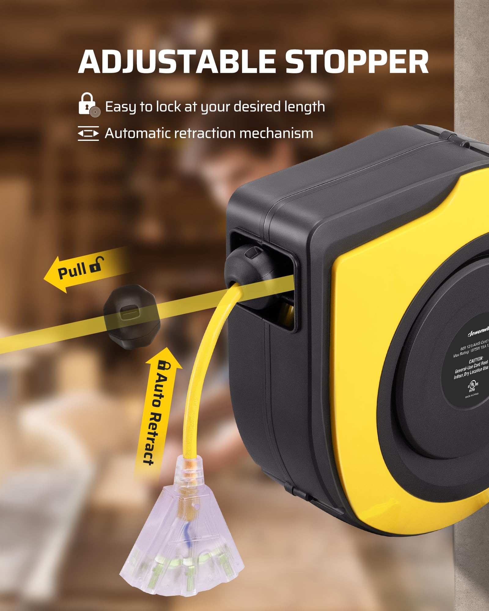 Dewenwils Retractable Extension Cord Reel, 75 Ft Heavy Duty Power Cord, 14/3C Sjtow Retractable Cord Reel, Lighted Triple Outlet