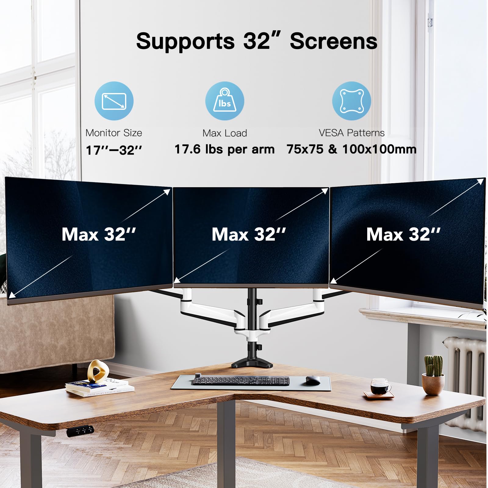 Huanuo Triple Monitor Stand   Full Motion Articulating Gas Spring Monitor Mount Fit Three 17 To 32 Inch Lcd Computer Screens With Clamp, Grommet Kit