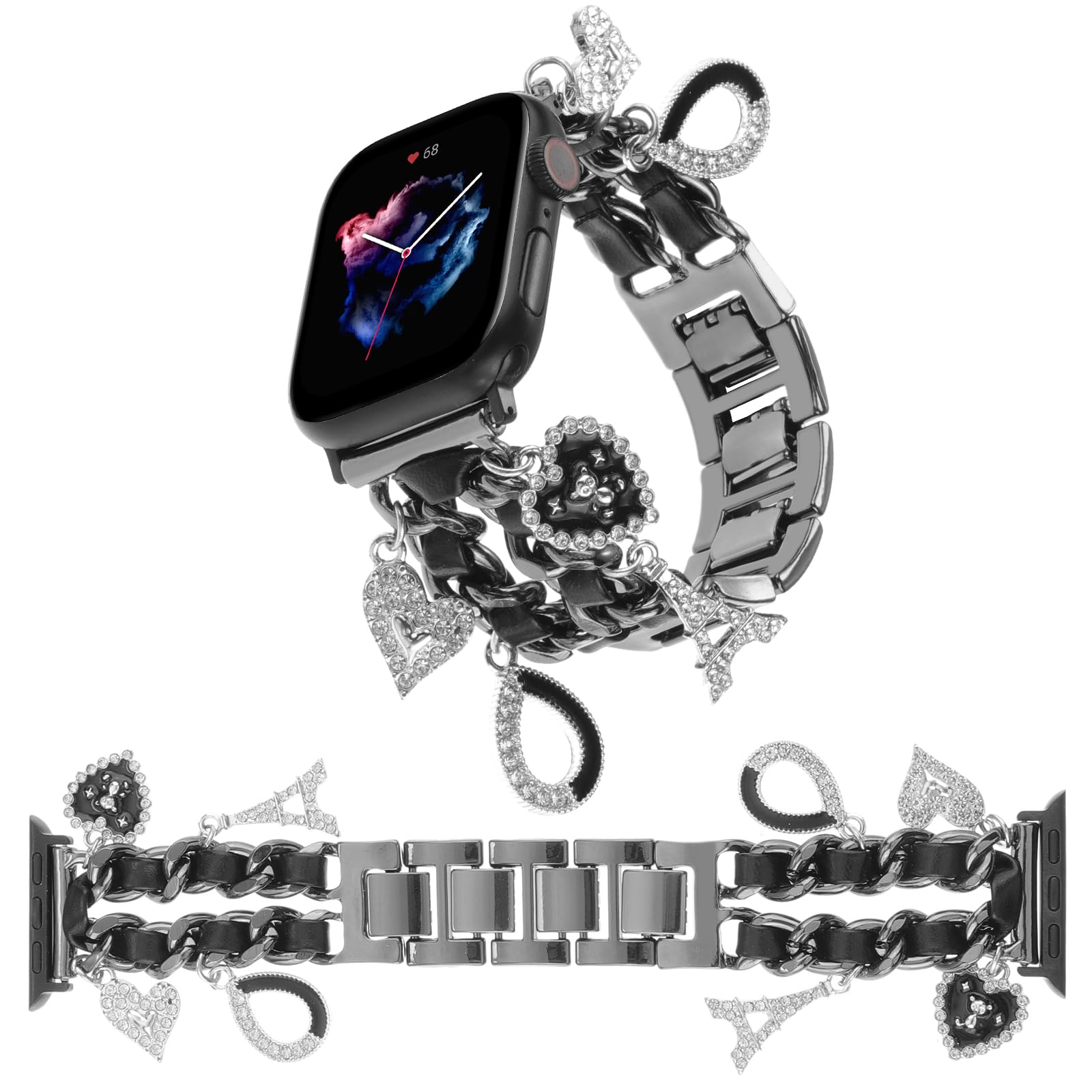 Realsign Stylish Metal Wristband Compatible With Apple Watch Band 42Mm 44Mm 45Mm 49Mm,Cuban Chain With Love Eiffel Tower Pendant