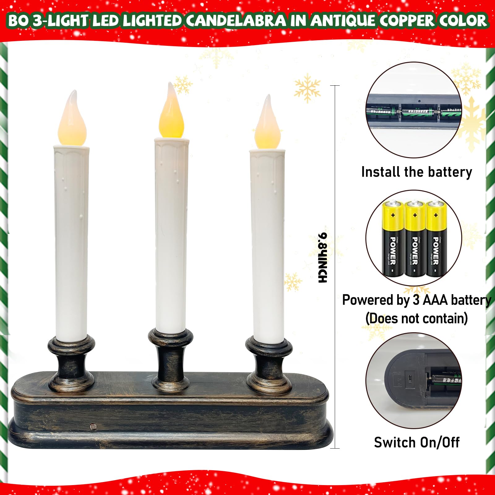 Battery Operated Led Window Candles With Sensor Dusk To Dawn, 3 Lights Christmas Window Candles With Flickering Flameless Led Li