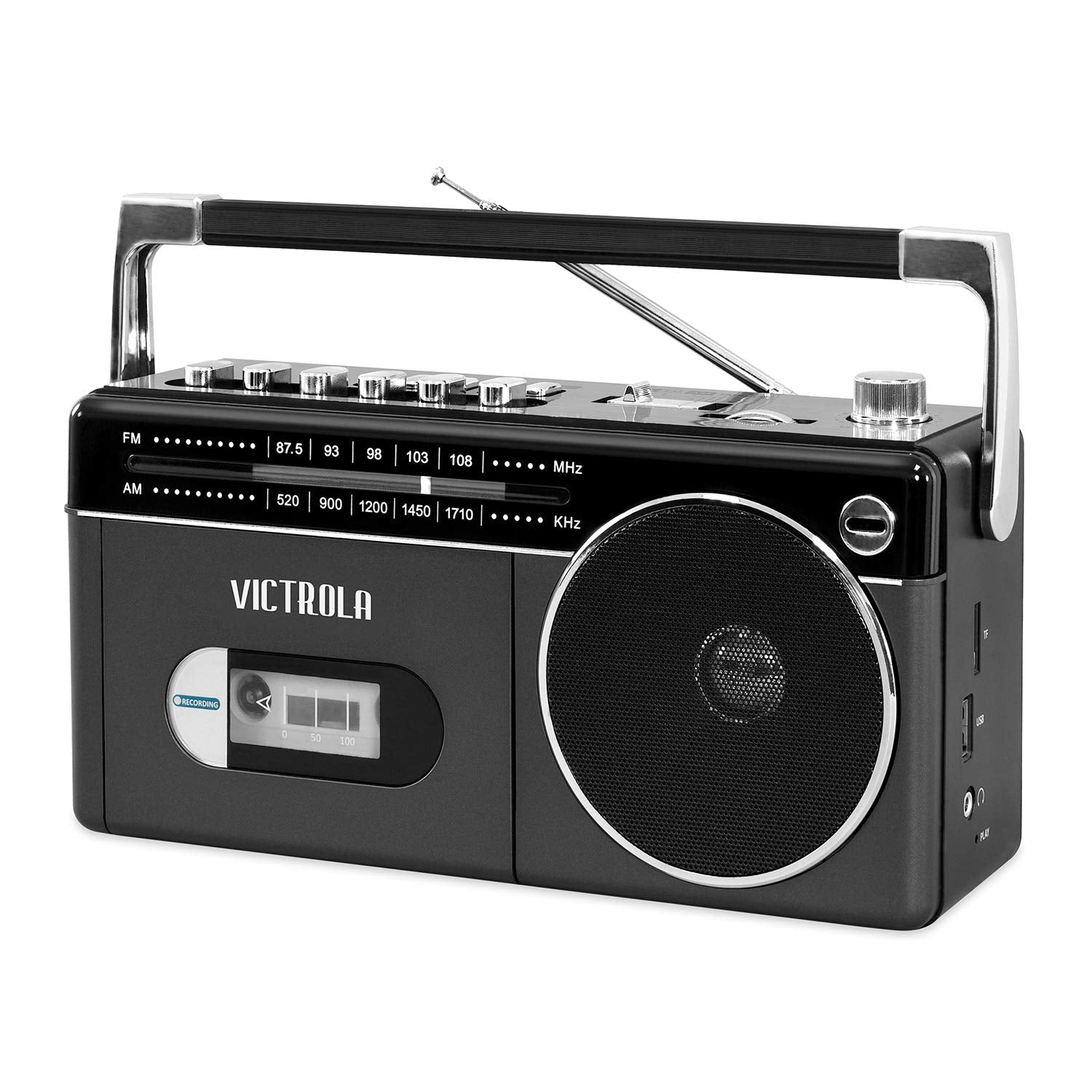 Victrola Mini Bluetooth Boombox With Cassette Player, Recorder And Am/Fm Radio, Grey