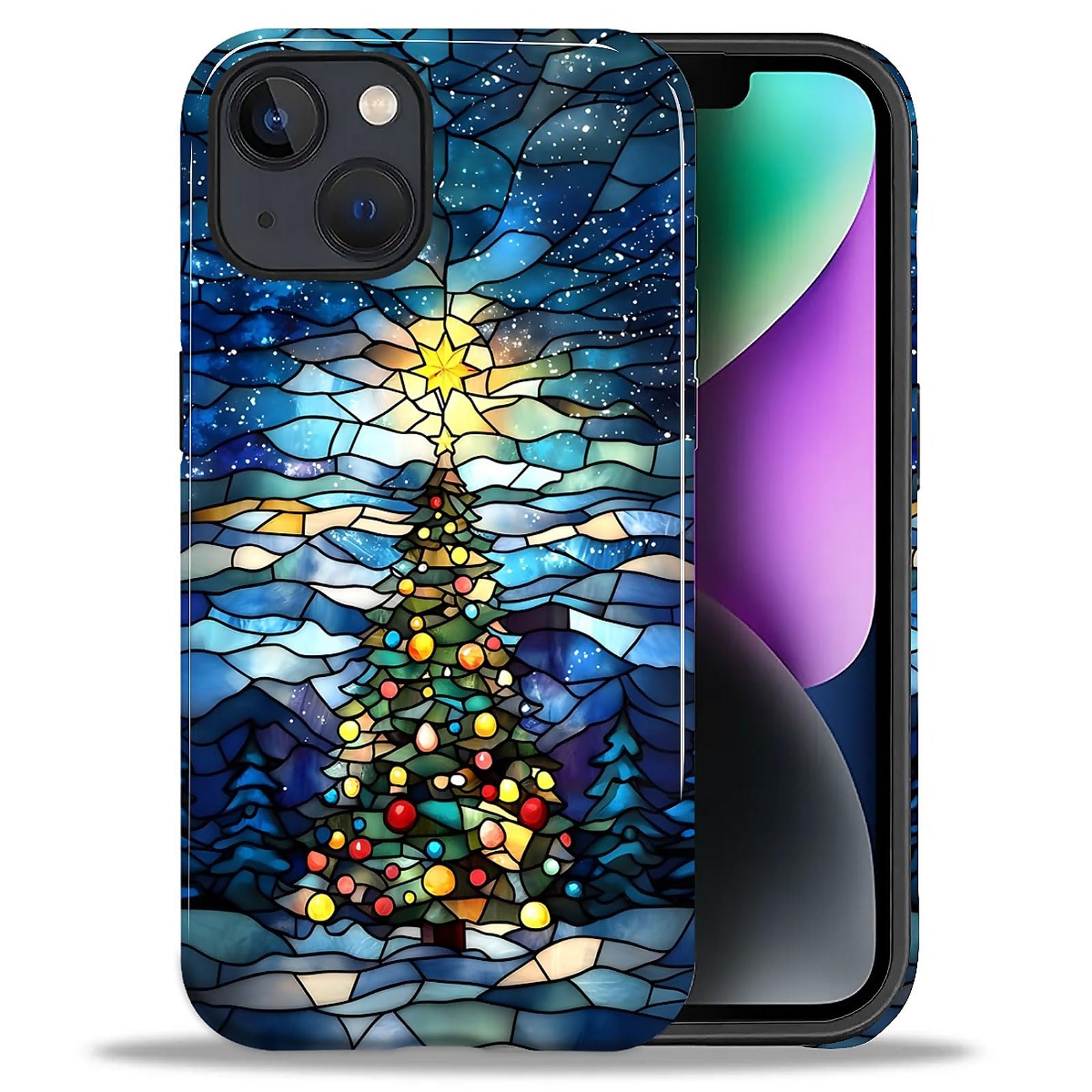 Goodsprout for iPhone 13/14 Case,Hybrid 2-Layer Hard Shell + Silicone Protective Case -Resistant Shockproof- Christmas Tree Star