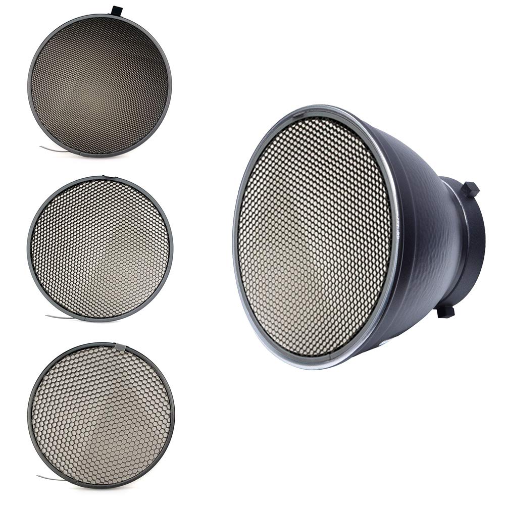 Fotoconic 7'' Standard Reflector With 20, 40, 60 Degree Honeycomb Grid & Diffuser Sock For Bowens Mount Studio Strobe Flash Ligh