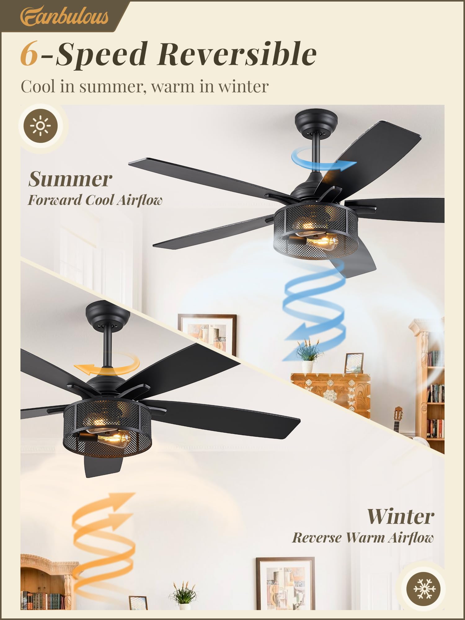 Farmhouse Ceiling Fans With Lights And Remote, 52 Inch Black Industrial Caged Ceiling Fans For Bedroom Living Room Kitchen, 6 Sp