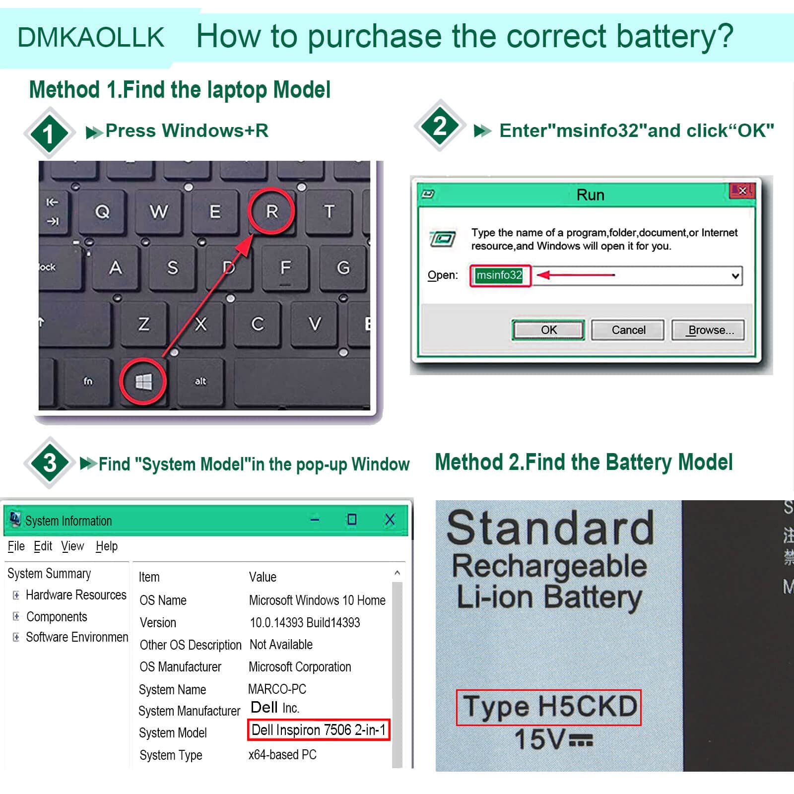 53Wh H5Ckd 15V Battery Replacement For Dell Inspiron 5400 5406 7405 7300 7306 7500 7506 2 In 1 Silver 5300 5301 5401 5402 5408 5