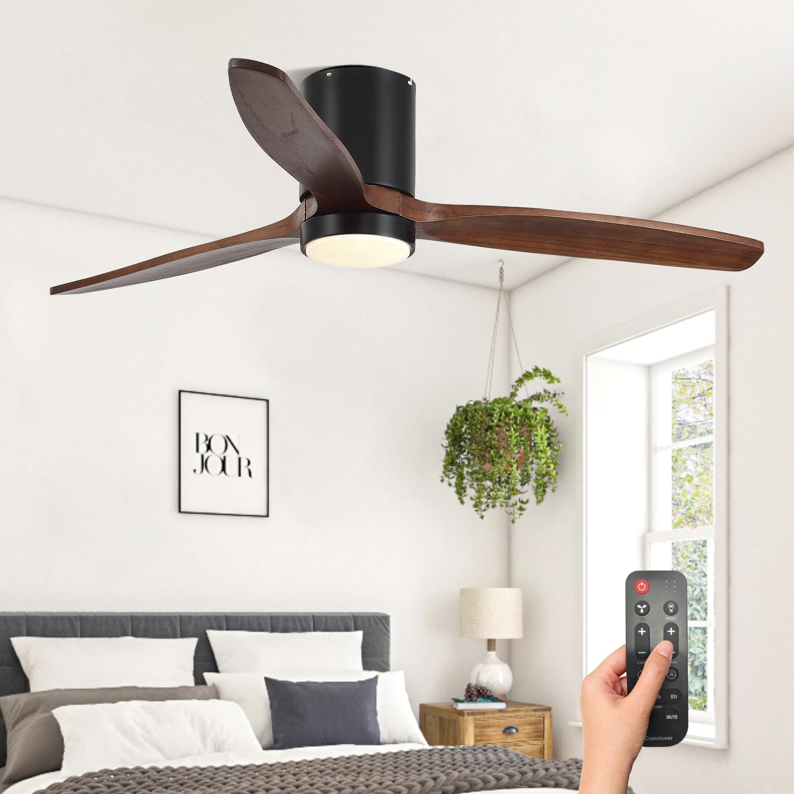 Solid Wood Ceiling Fans With Lights, 52 Inch Ceiling Fan With Light And Remote For Bedroom Living Room Kitchen Home Office, 3Cct