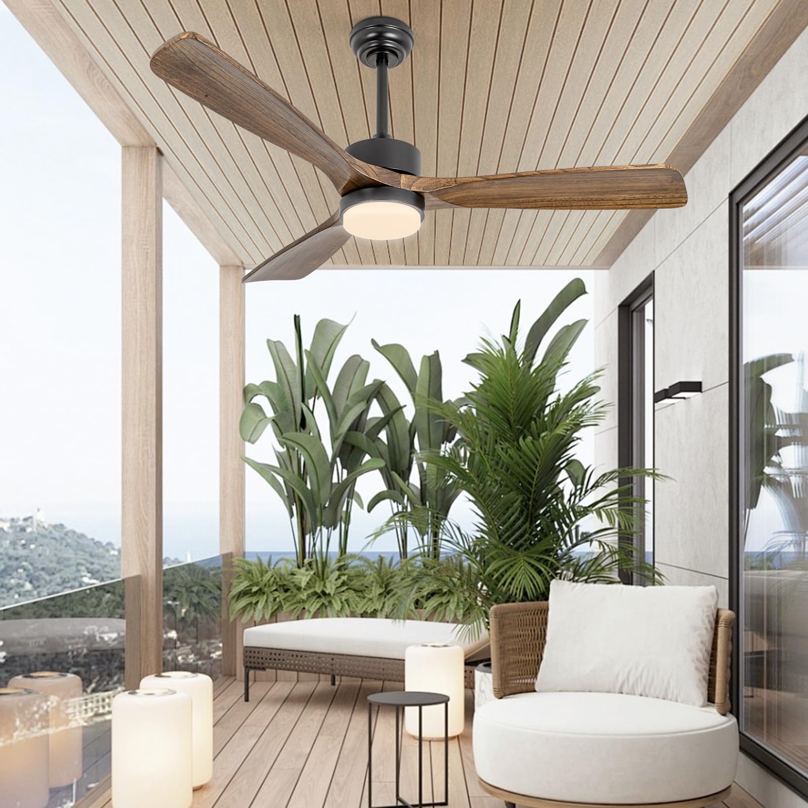 Revoici 52'' Ceiling Fans With Lights And Remote Control, Indoor Outdoor Ceiling Fans Farmhouse, Timing 6 Speeds 3 Color Light W