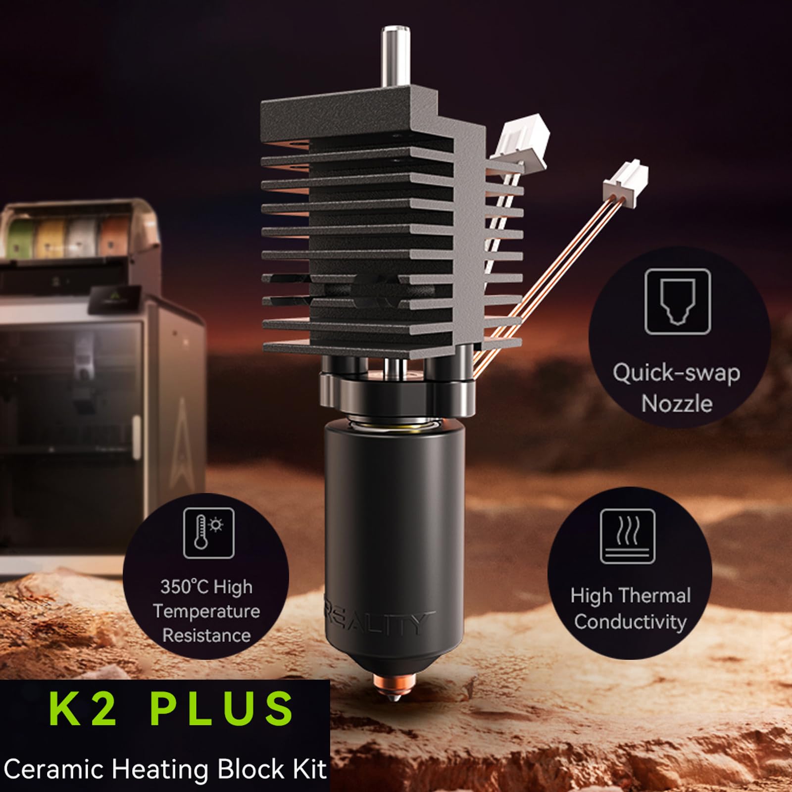 Creality Original K2 Plus Ceramic Heating Block Hotend Kit, With Extra 1Pcs 0.4Mm Unicorn Quick Swap Nozzle, 2Pcs Silicone Socks