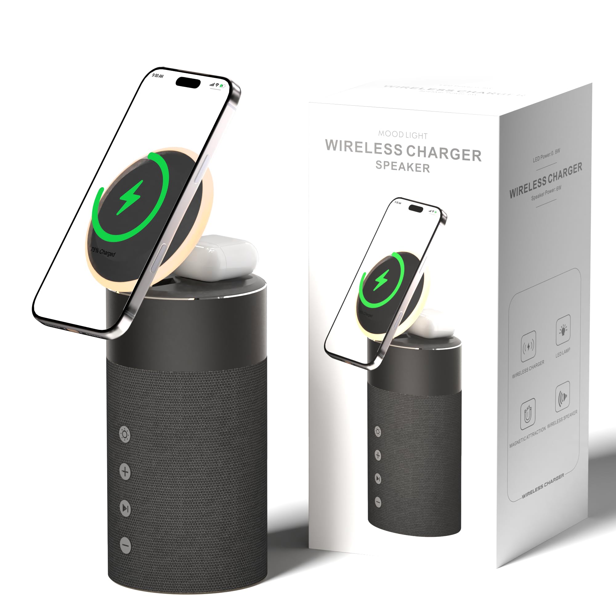 4in1 Bluetooth Speaker 15W Magnetic Charger Dimmable Light & Phone Stand