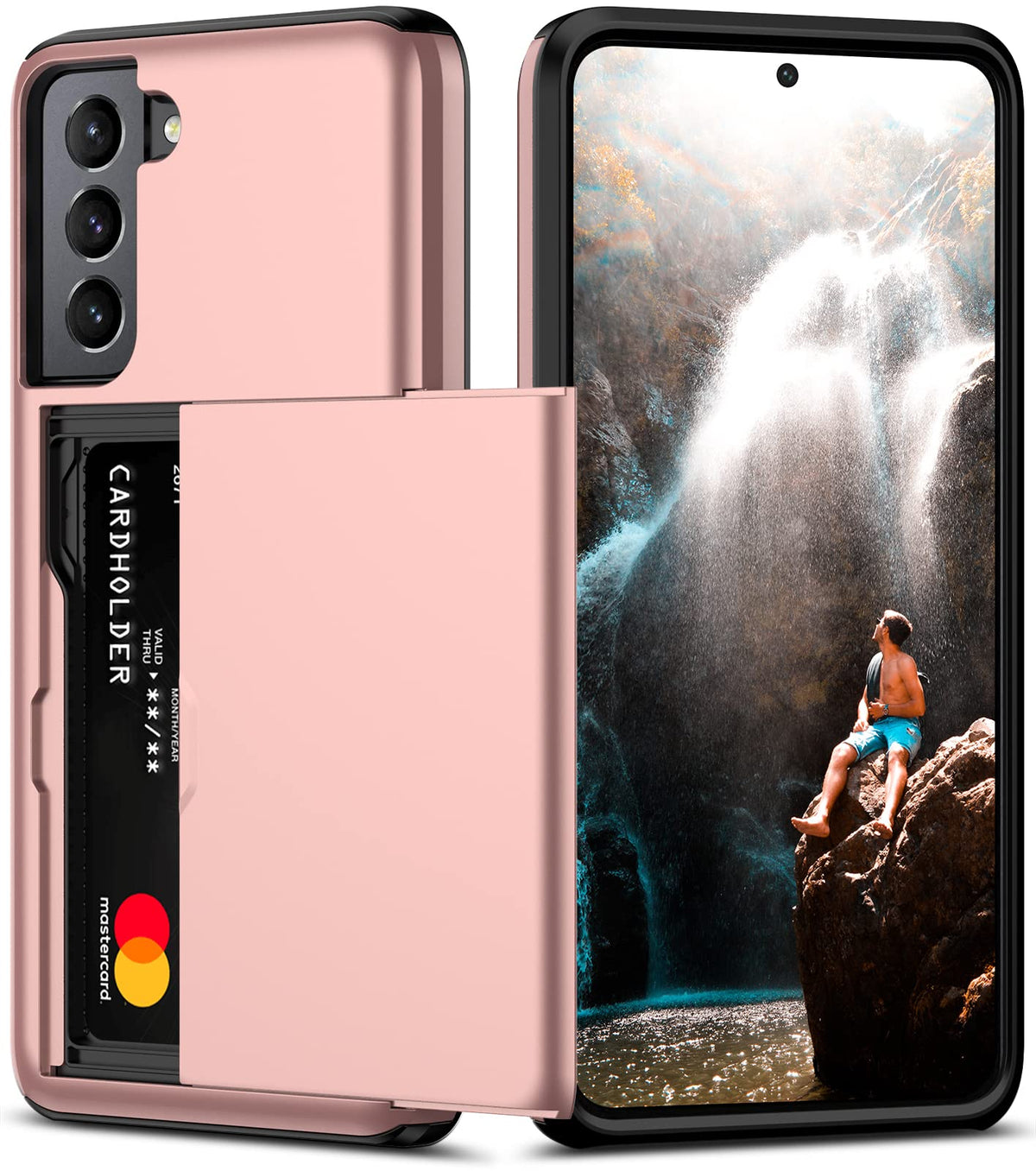 Nvollnoe For Samsung S21 Fe Case With Card Holder Dual Layer Heavy Duty Protective Galaxy S21 Fe Case Hidden Card Slot Slim Wall