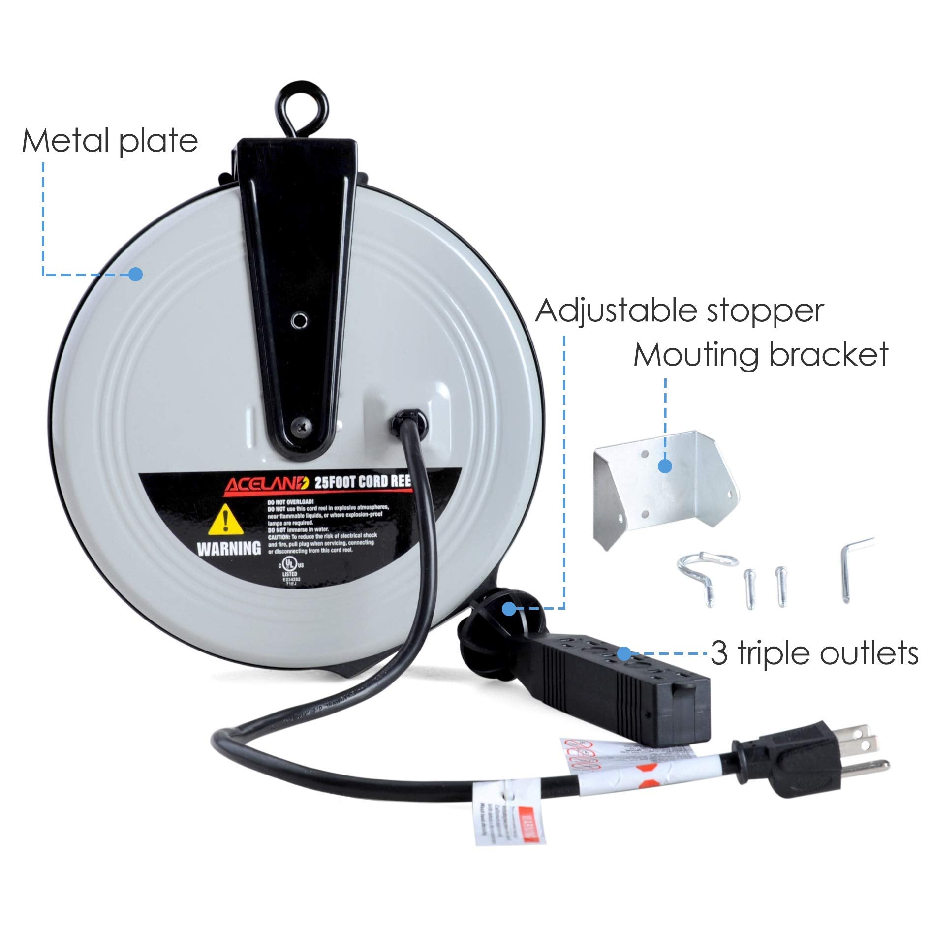 Aceland 25Ft Retractable Extension Cord Reel With 3 Electrical Outlets, 16Awg/3C Sjtw Power Cord For Indoor & Outdoor Use, Ul Li